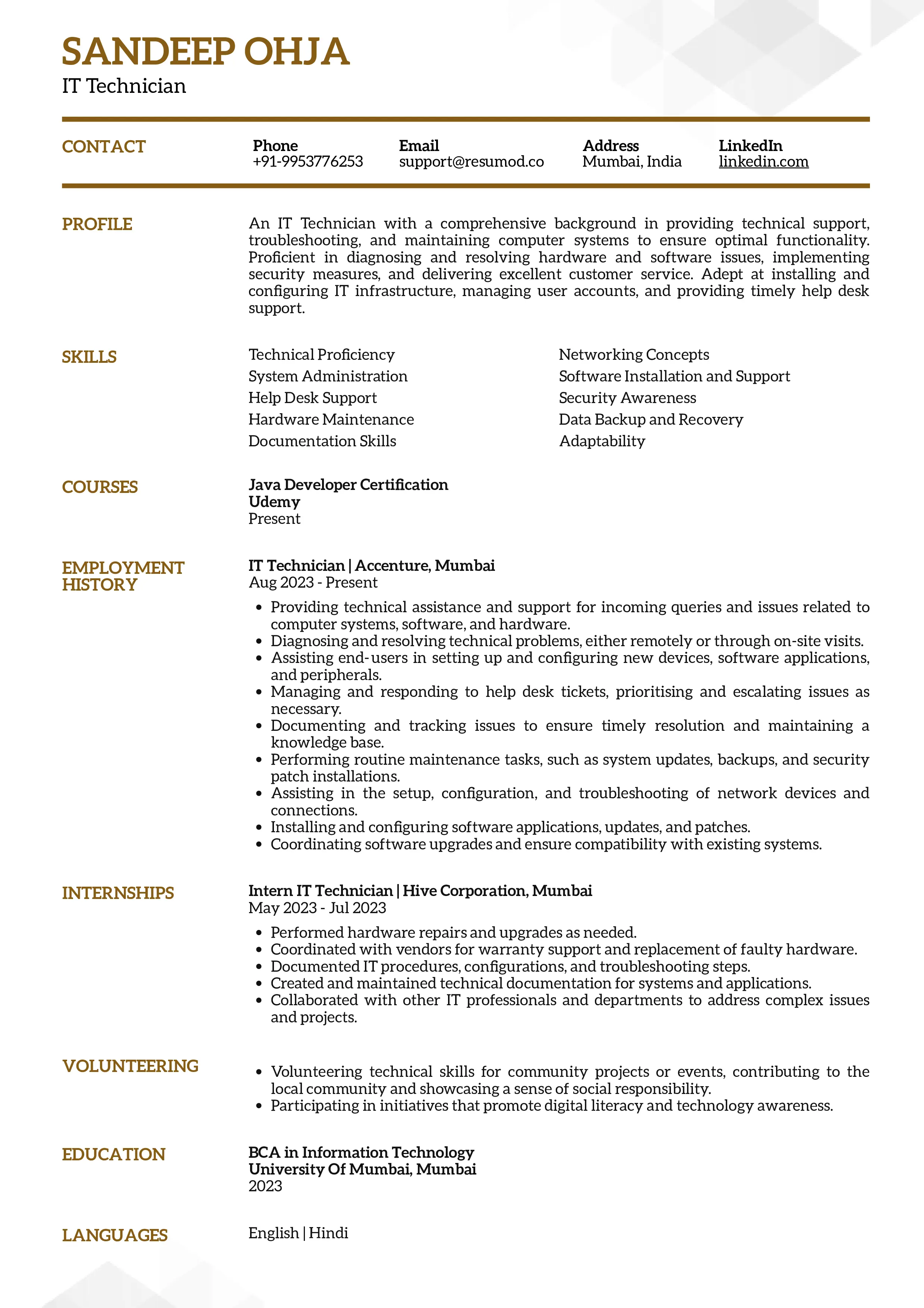 Sample Resume of IT Technician | Free Resume Templates & Samples on Resumod.co