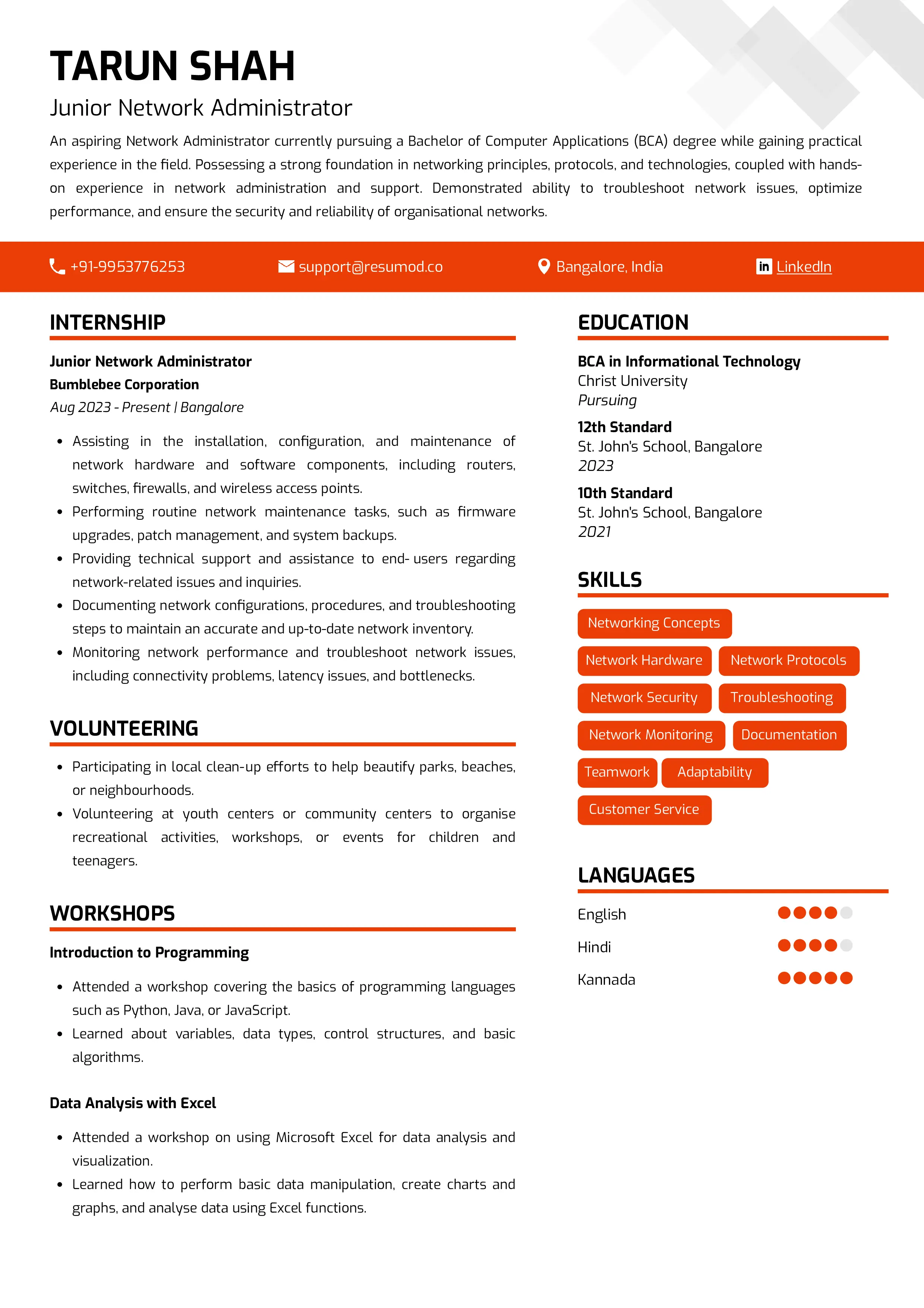 Sample Resume of Junior Network Administrator | Free Resume Templates & Samples on Resumod.co