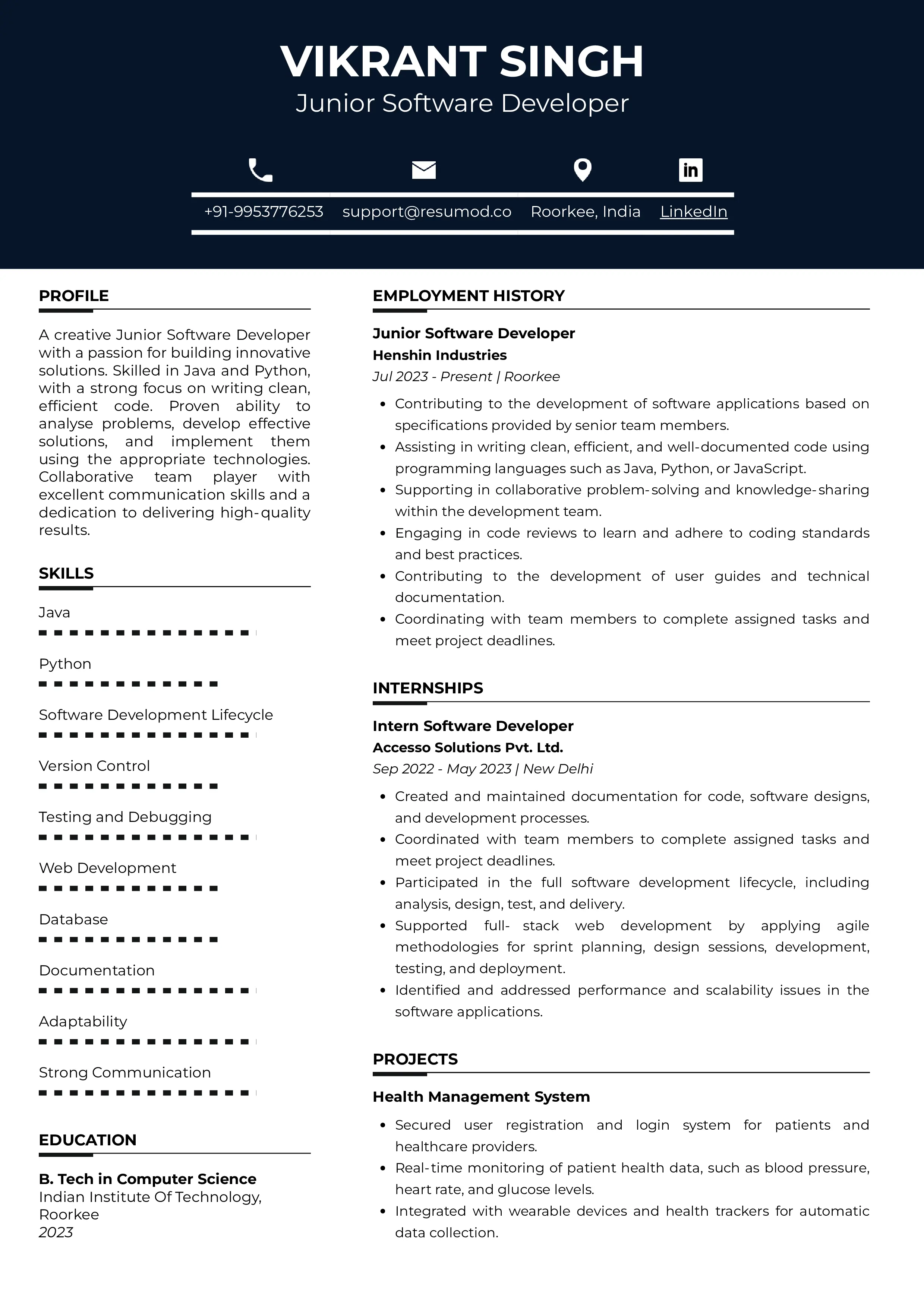 Sample Resume of Junior Software Developer | Free Resume Templates & Samples on Resumod.co