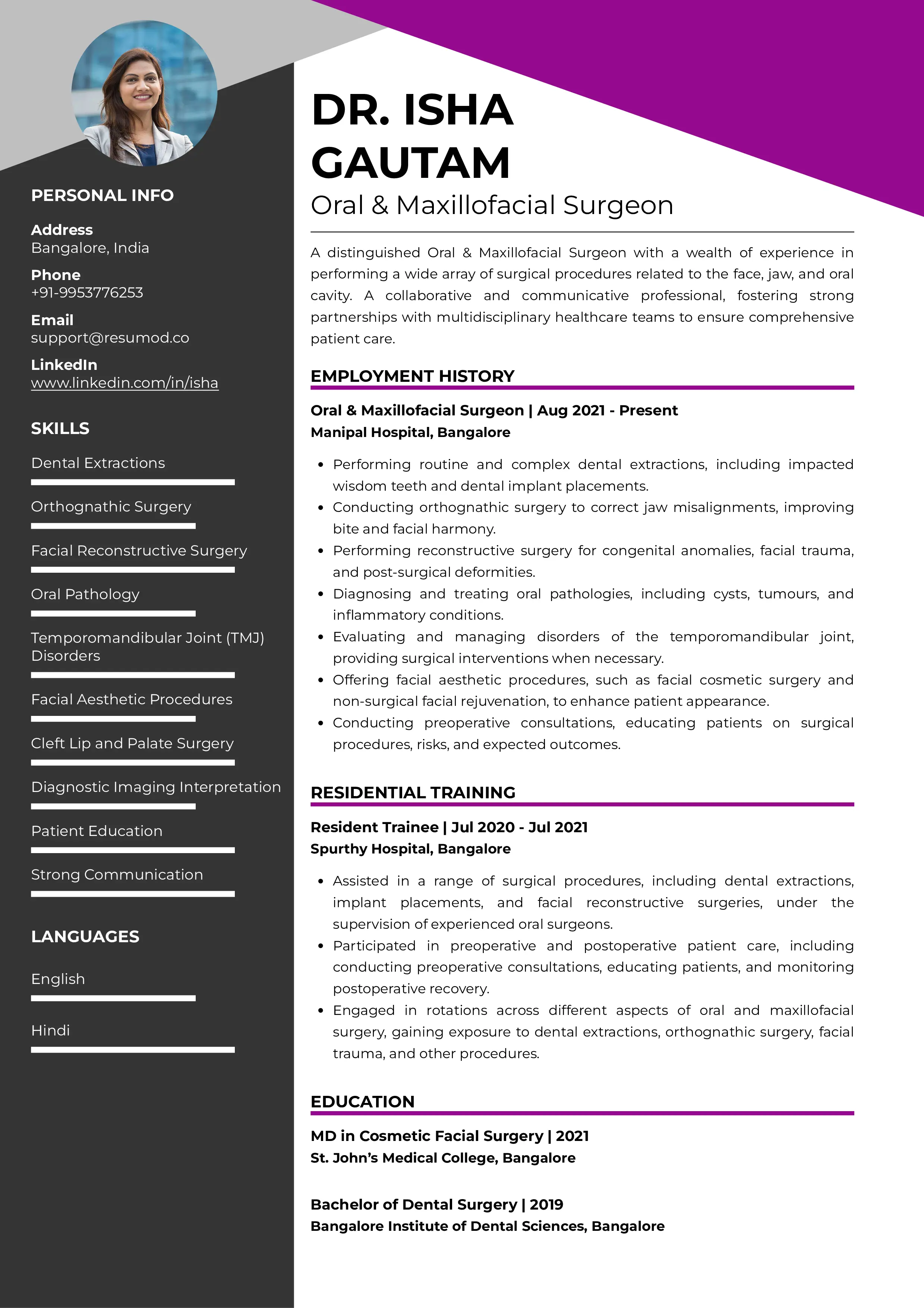 Sample Resume of Oral and Maxillofacial Surgeon | Free Resume Templates & Samples on Resumod.co