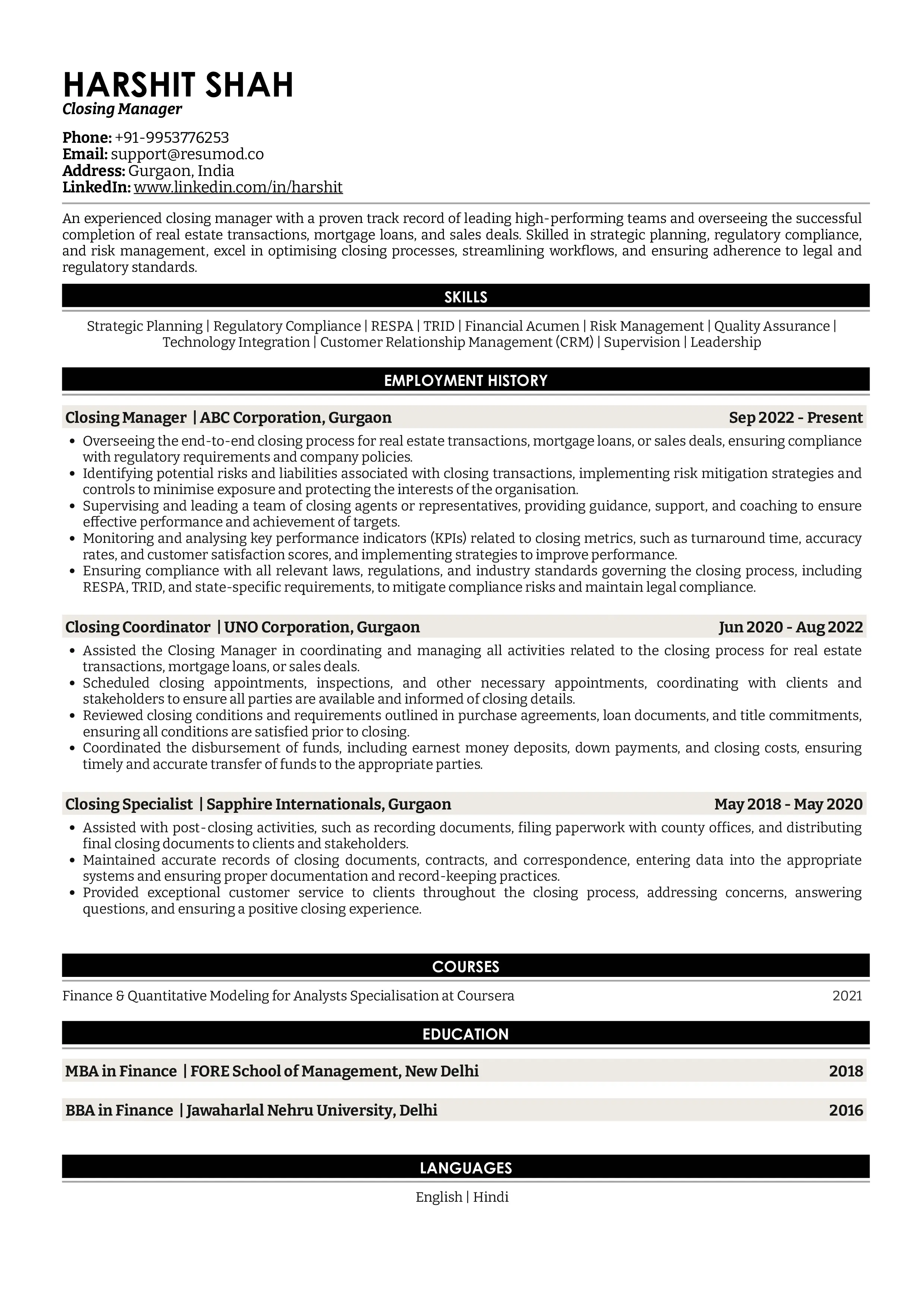 Sample Resume of Closing Manager | Free Resume Templates & Samples on Resumod.co