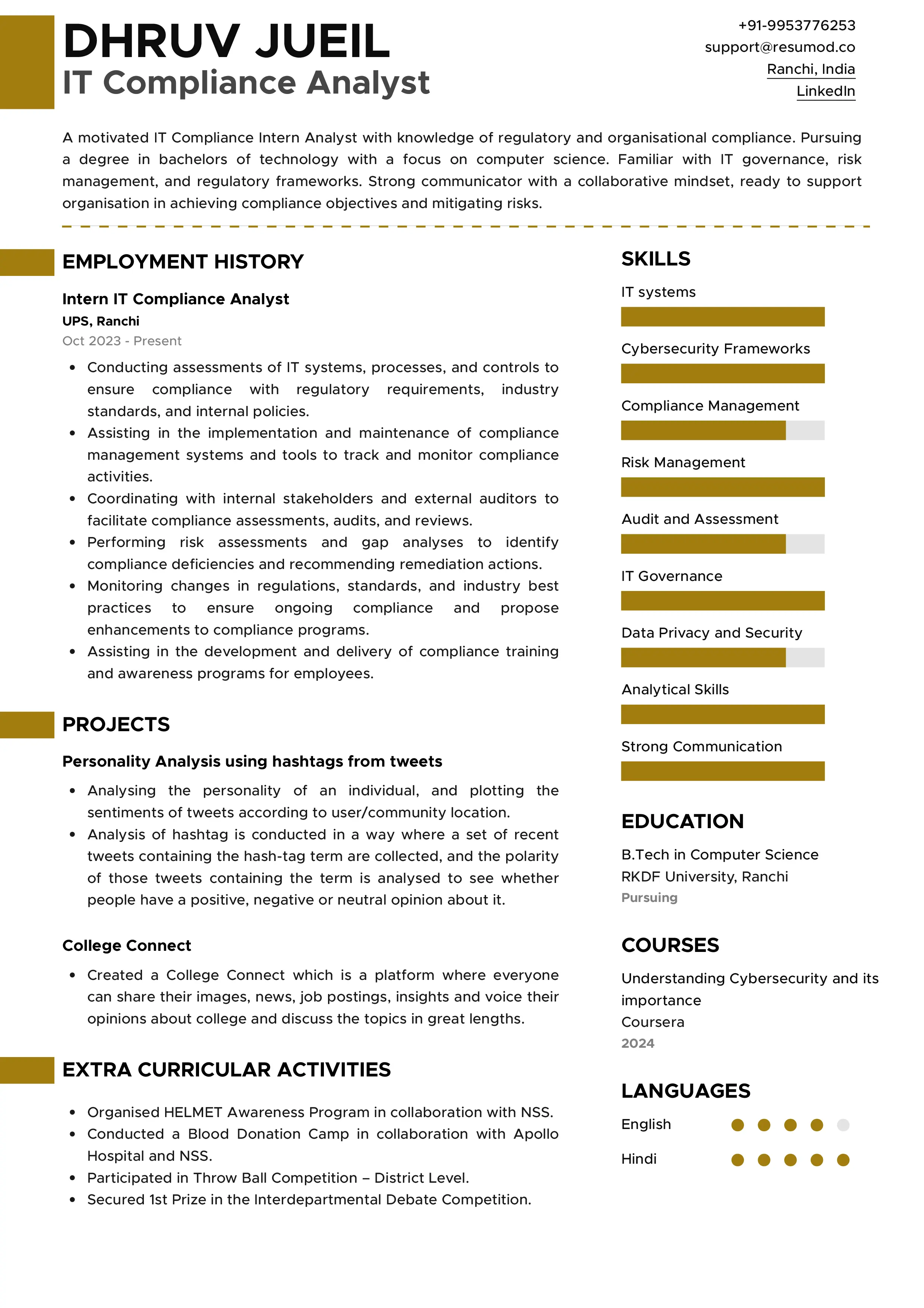 Sample Resume of IT Compliance Analyst | Free Resume Templates & Samples on Resumod.co