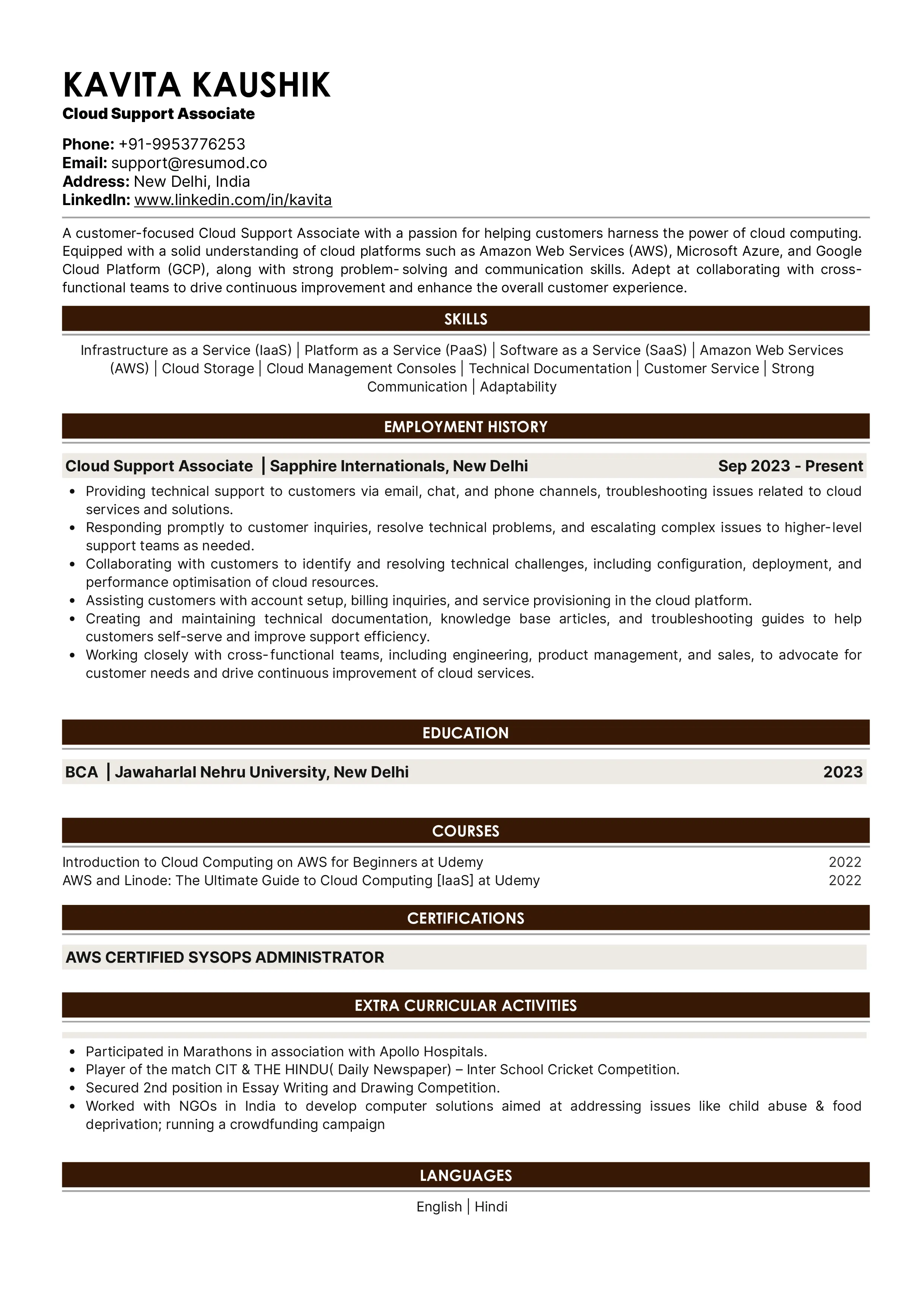 Sample Resume of Cloud Support Associate | Free Resume Templates & Samples on Resumod.co
