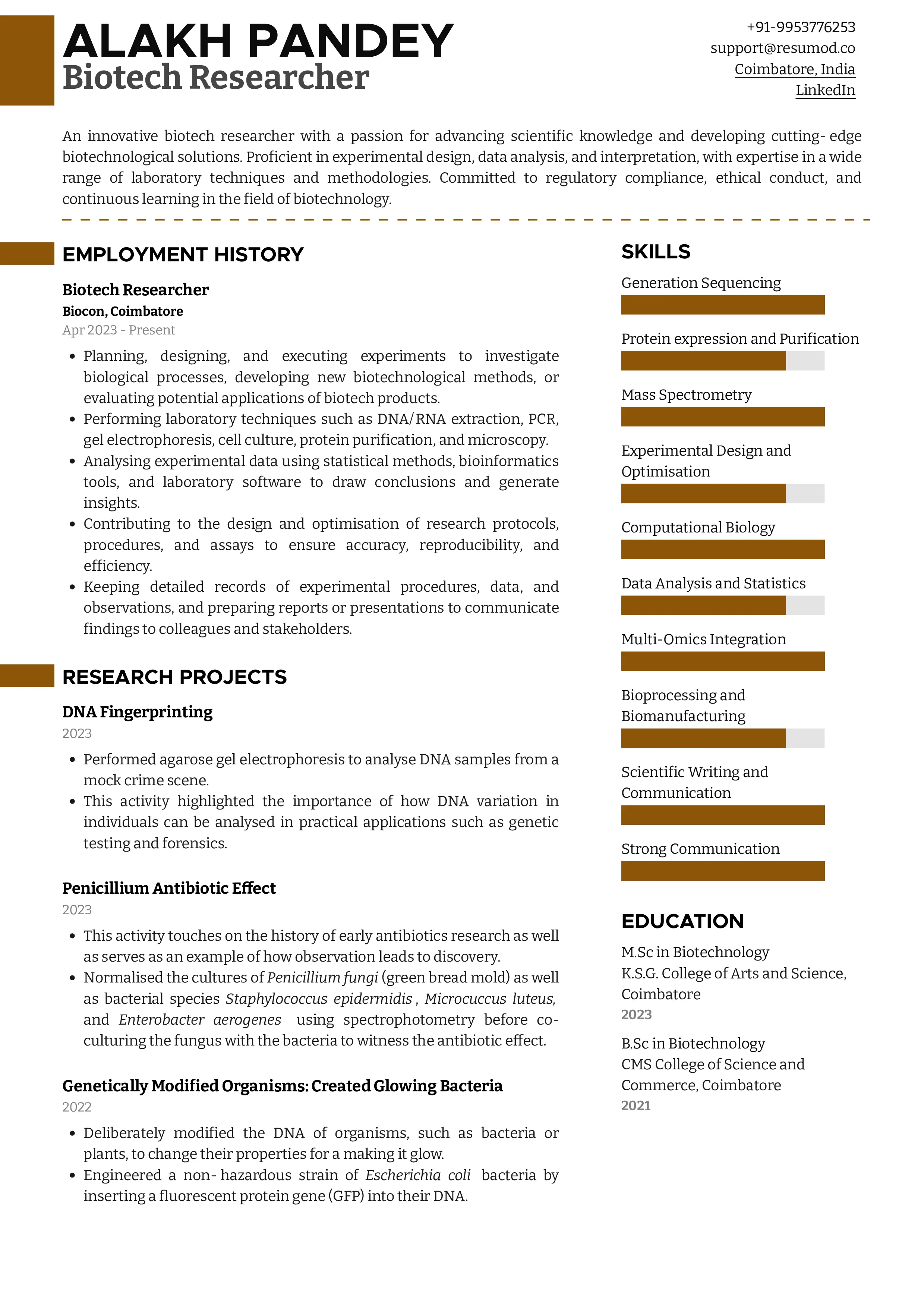 Sample Resume of Biotech Researcher | Free Resume Templates & Samples on Resumod.co