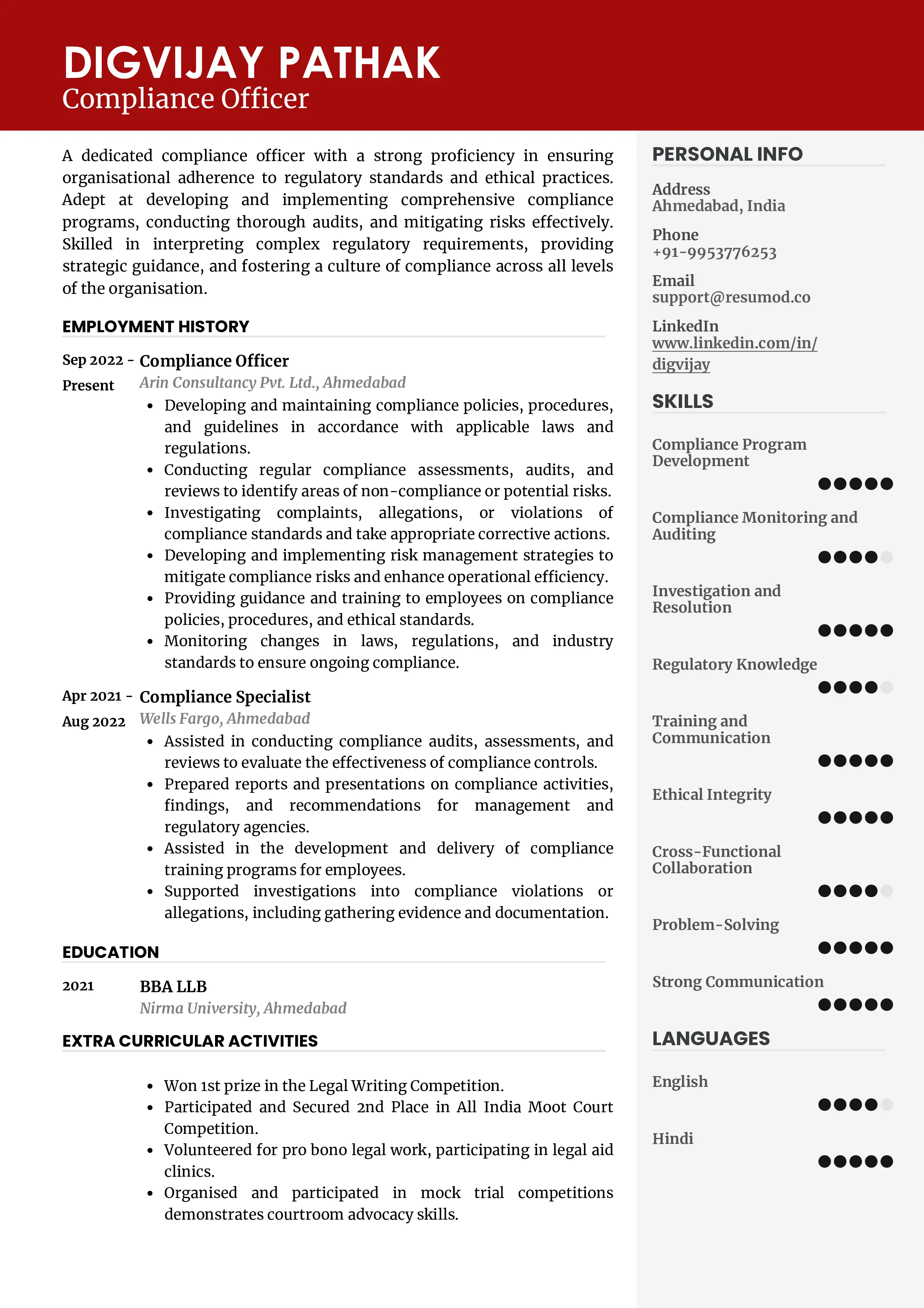 Sample Resume of Compliance Officer | Free Resume Templates & Samples on Resumod.co