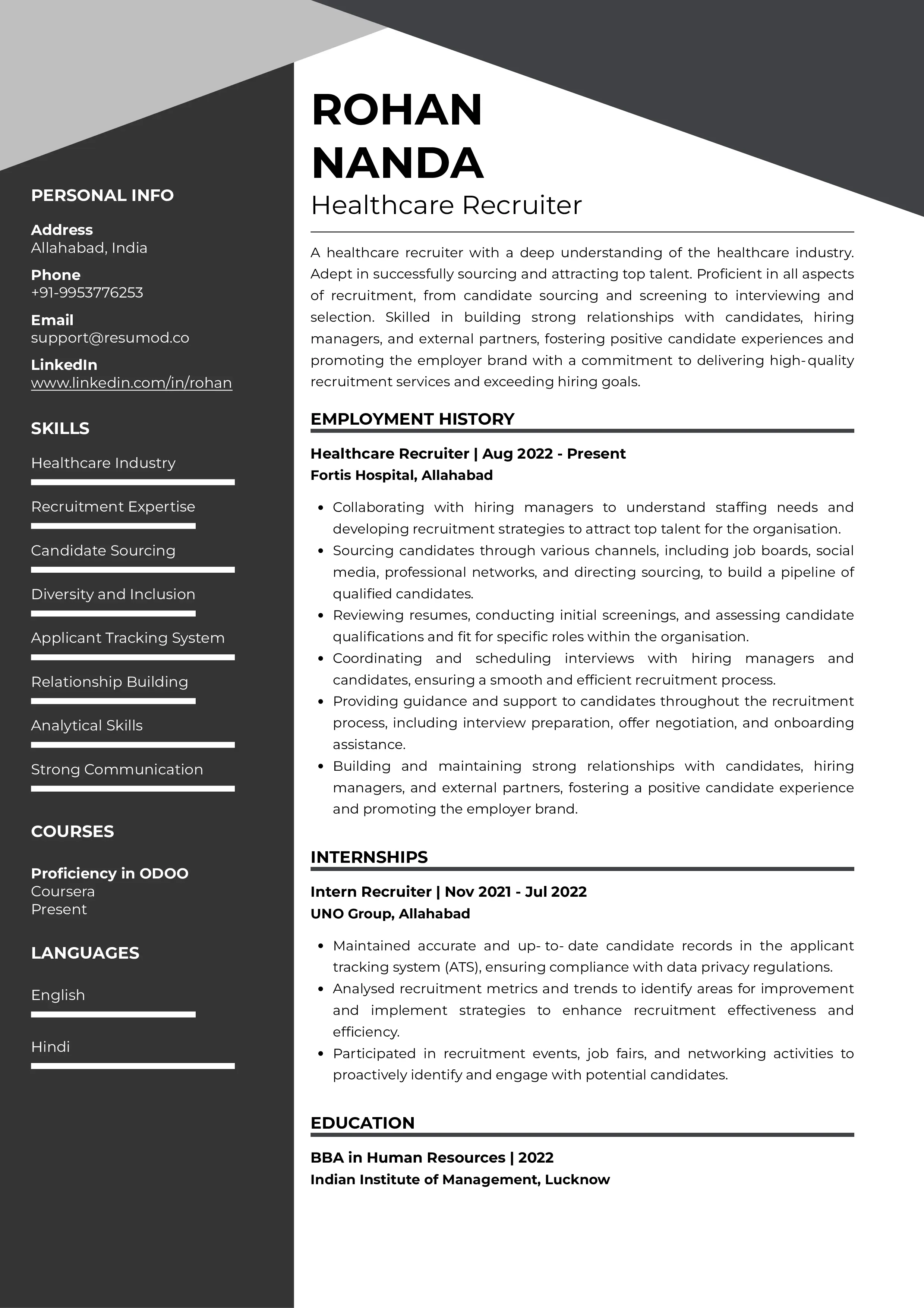 Sample Resume of Healthcare Recruiter | Free Resume Templates & Samples on Resumod.co