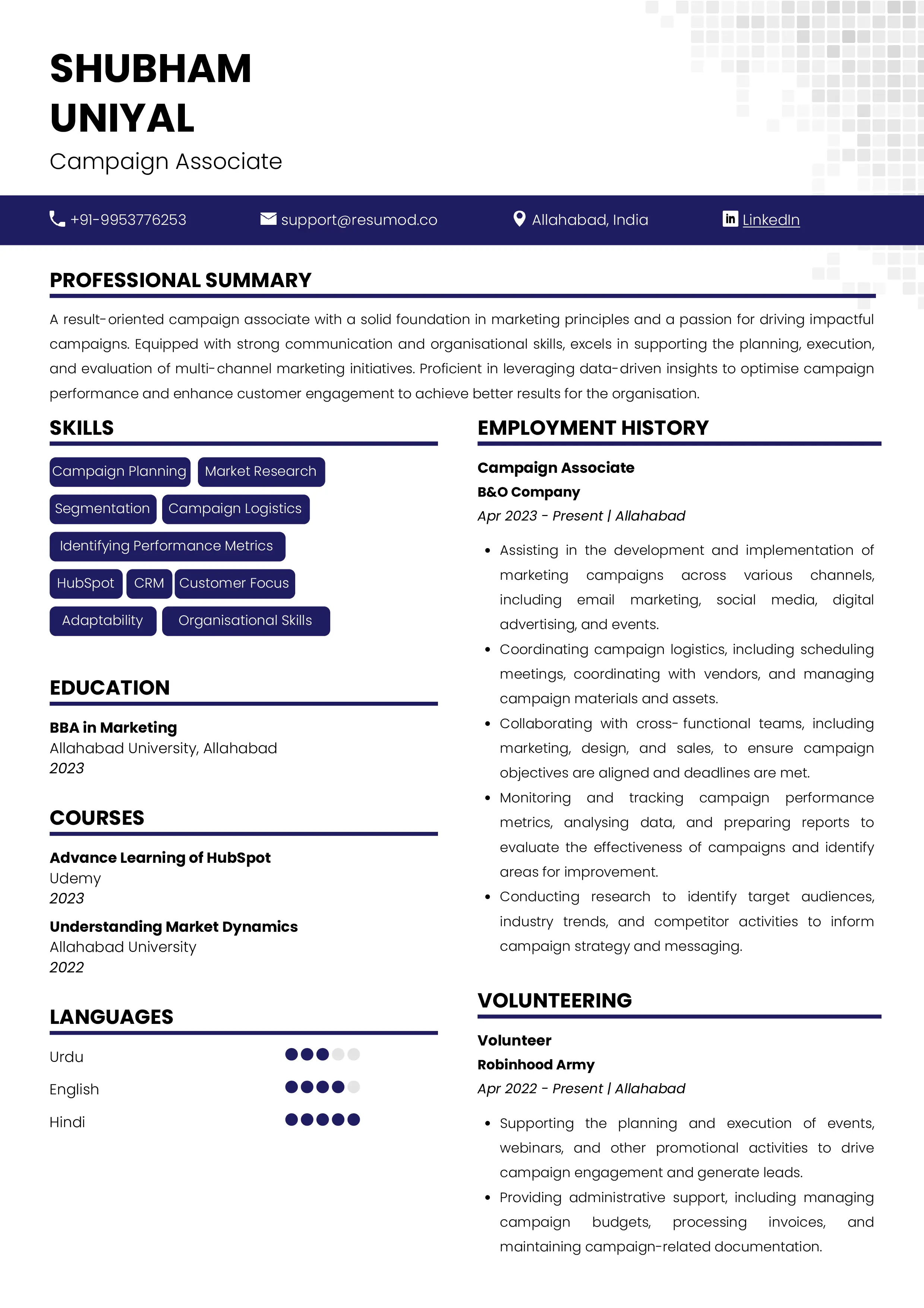 Sample Resume of Campaign Associate | Free Resume Templates & Samples on Resumod.co