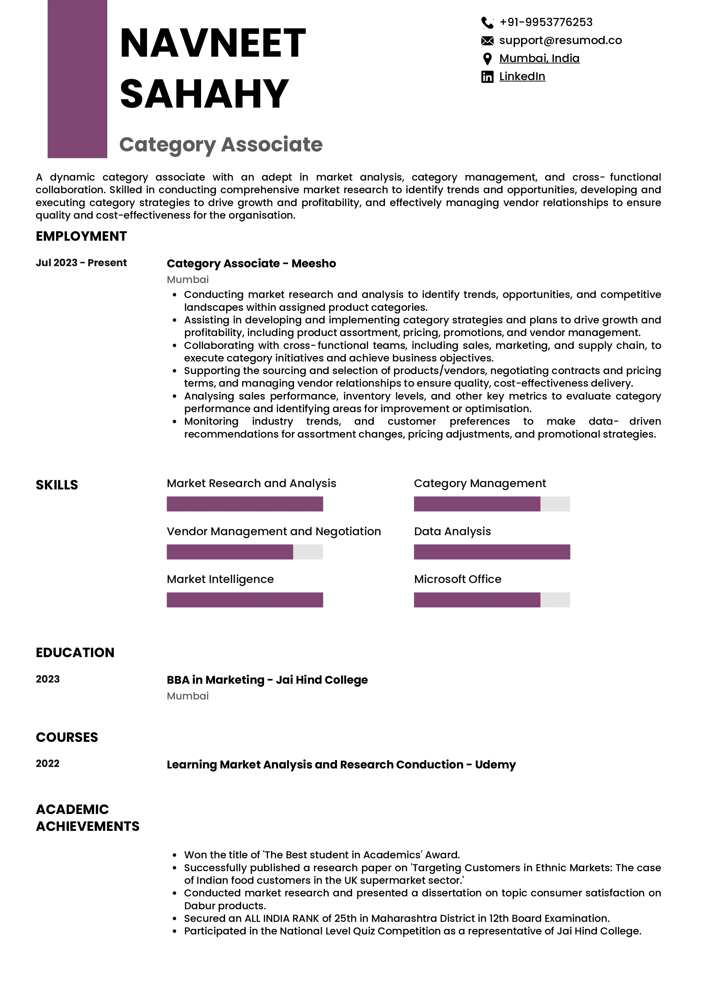Sample Resume of Category Associate | Free Resume Templates & Samples on Resumod.co