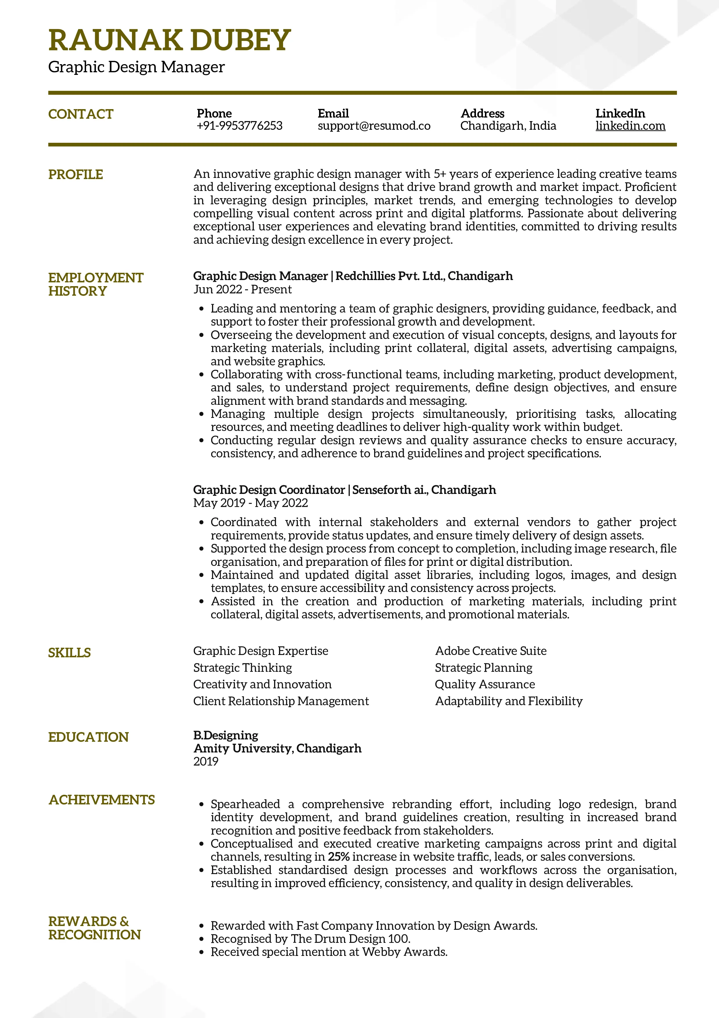 Sample Resume of Graphic Design Manager | Free Resume Templates & Samples on Resumod.co
