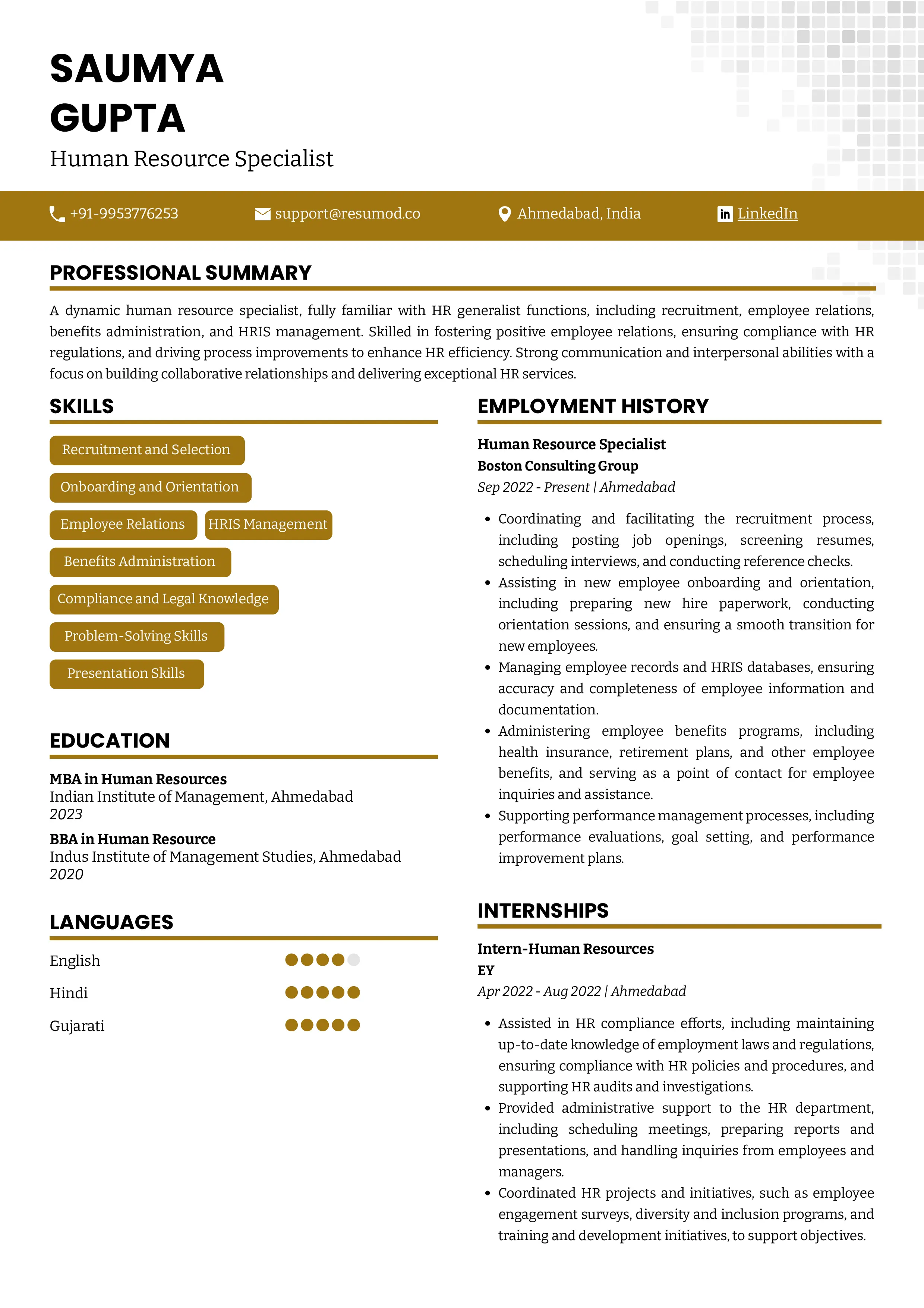 Sample Resume of Human Resource Specialist | Free Resume Templates & Samples on Resumod.co