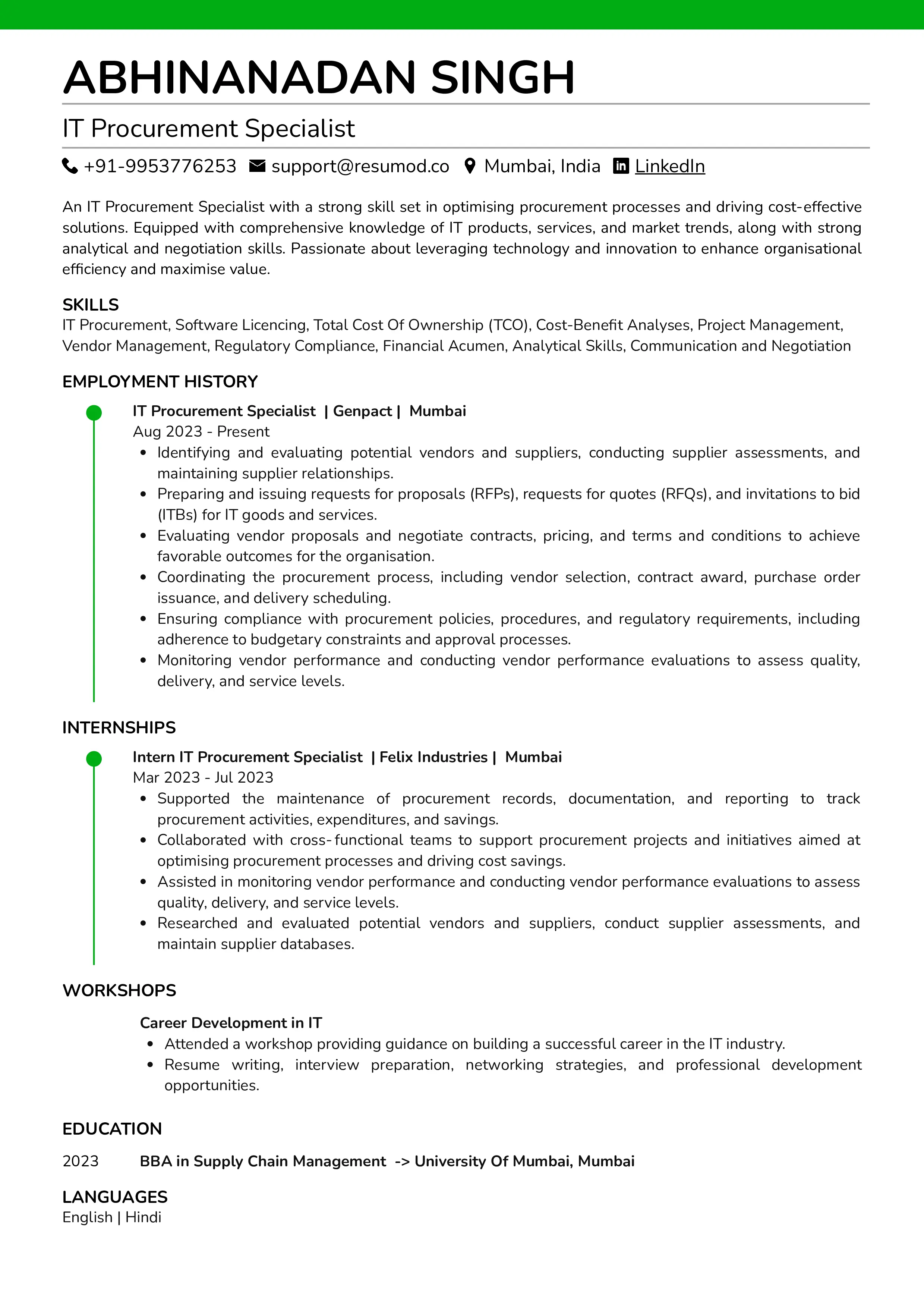 Sample Resume of IT Procurement Specialist | Free Resume Templates & Samples on Resumod.co