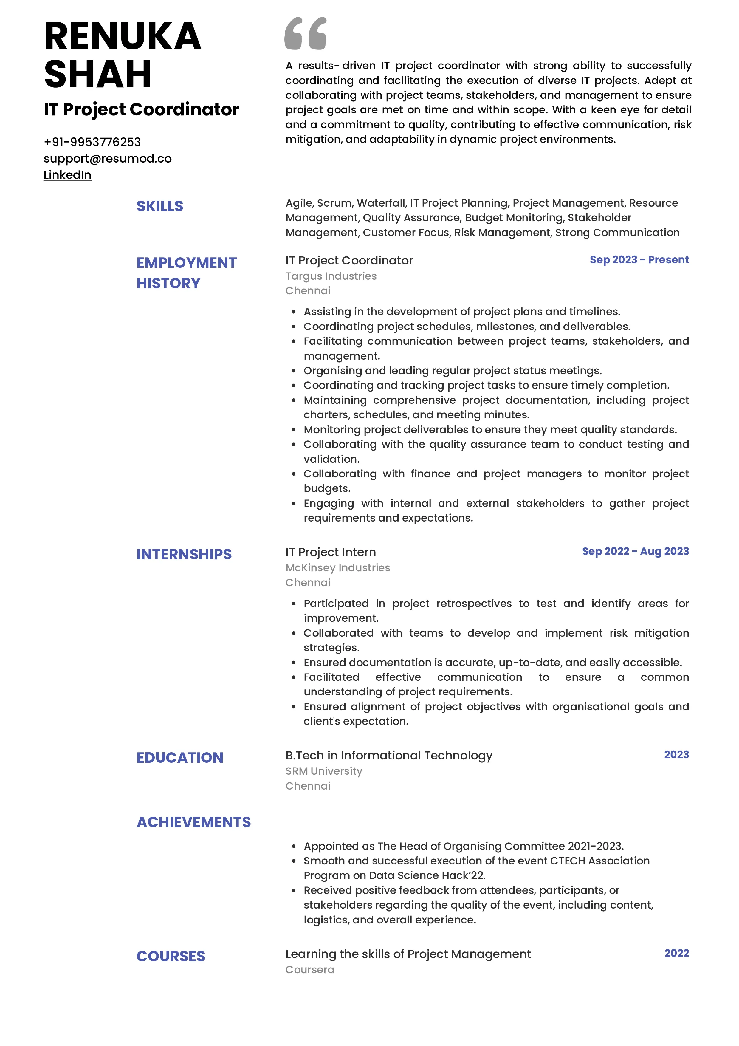 Sample Resume of IT Project Coordinator | Free Resume Templates & Samples on Resumod.co