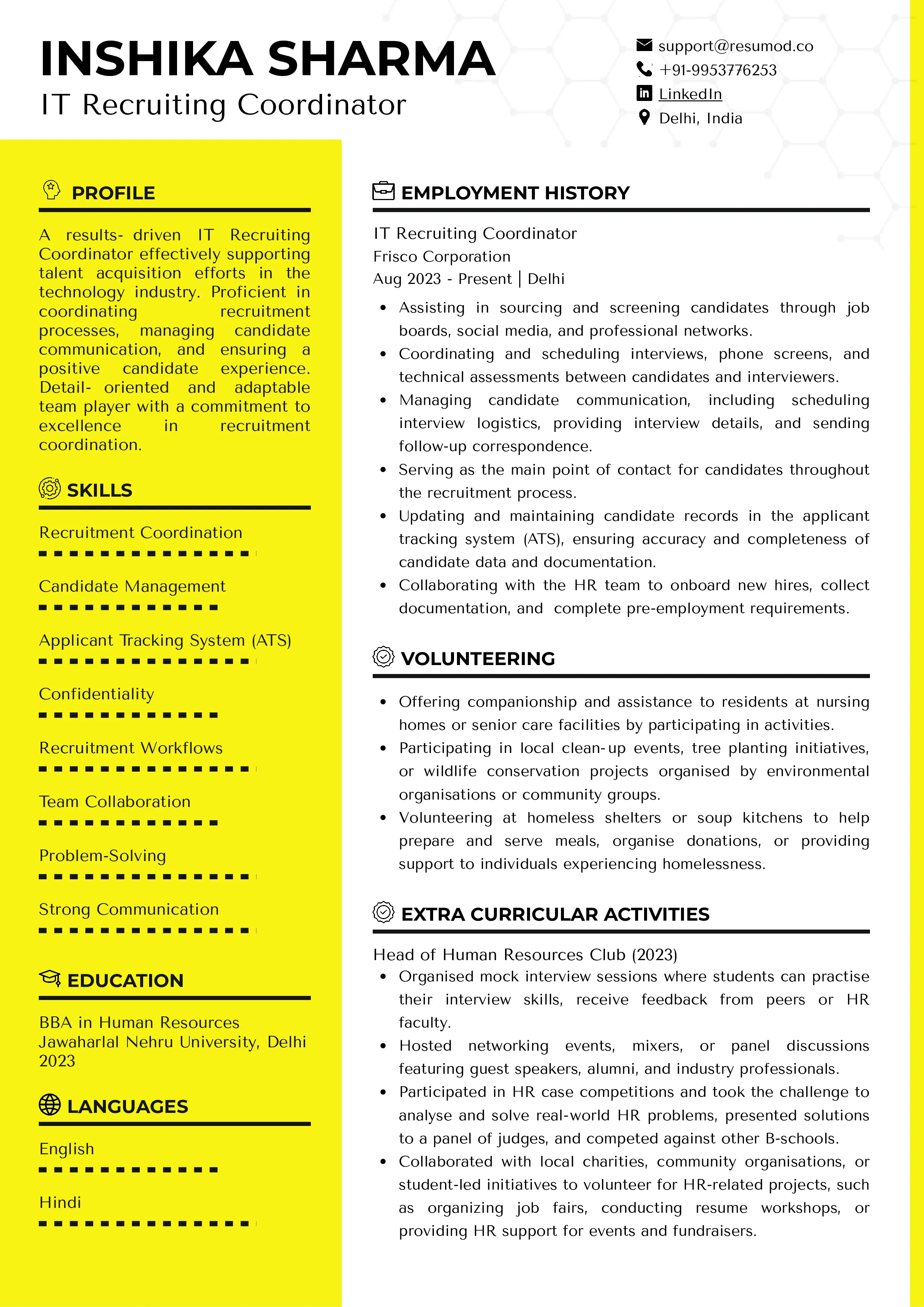 Sample Resume of IT Recruiting Coordinator | Free Resume Templates & Samples on Resumod.co