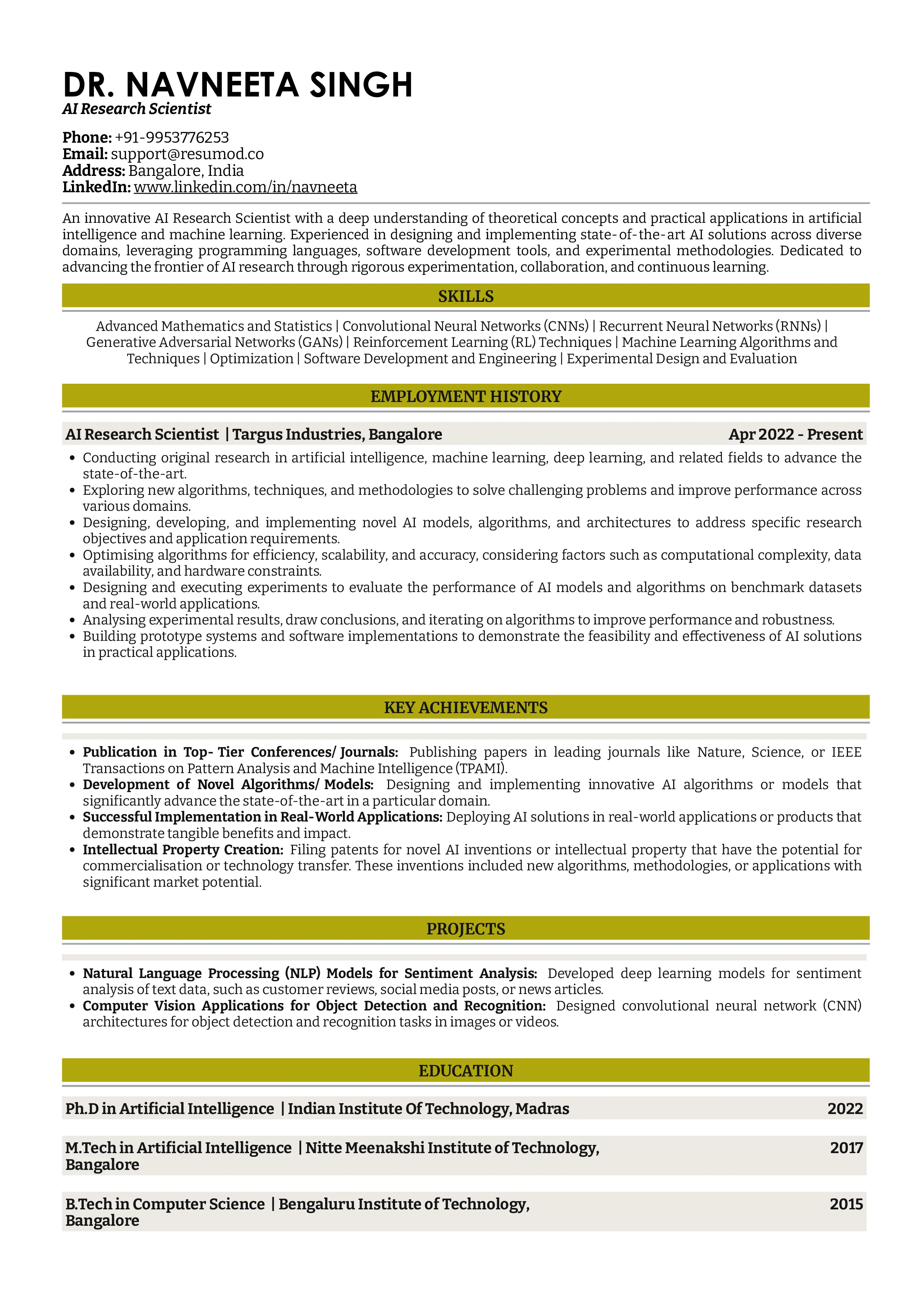 Sample Resume of  AI Research Scientist | Free Resume Templates & Samples on Resumod.co