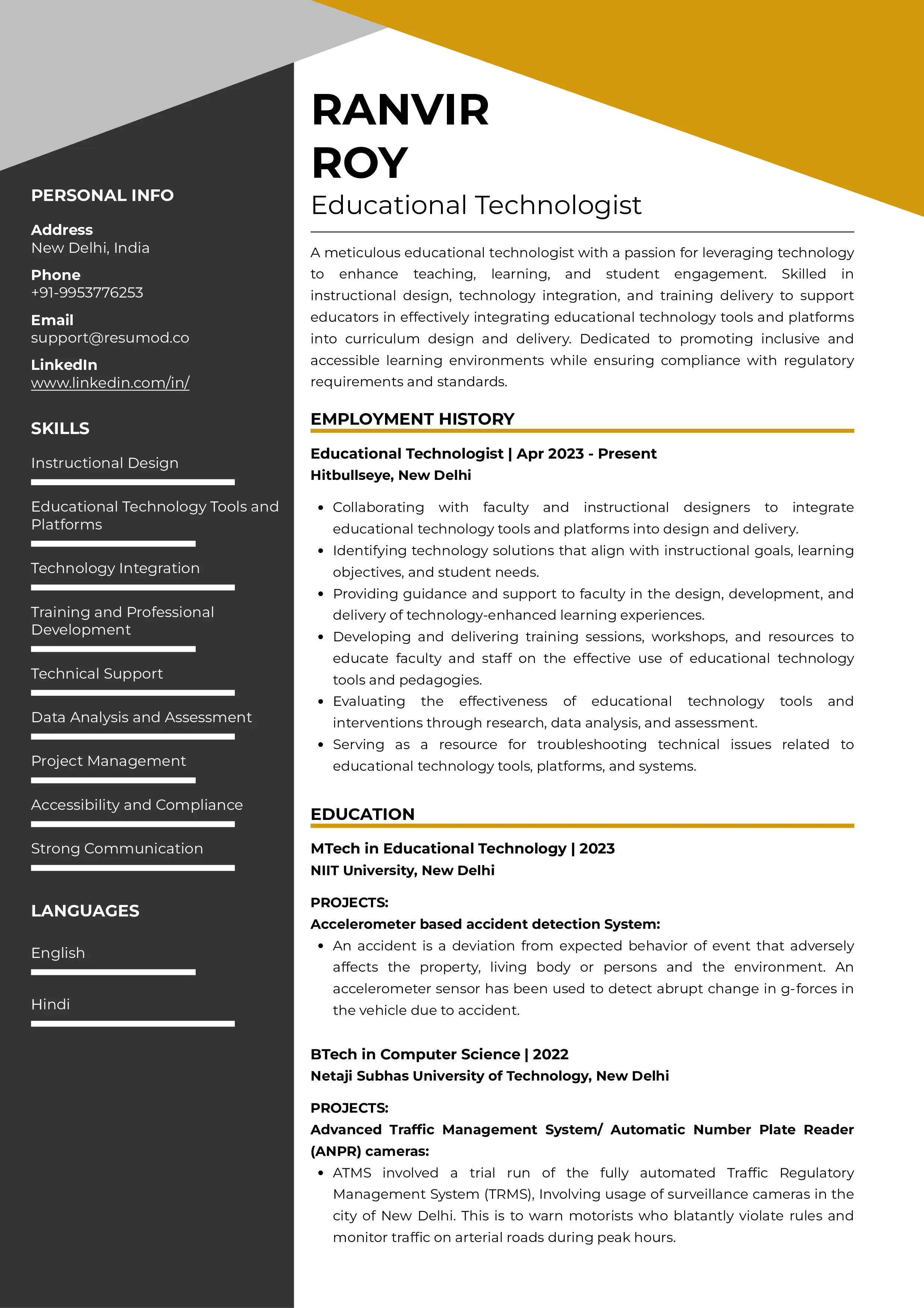 Sample Resume of Educational Technologist | Free Resume Templates & Samples on Resumod.co
