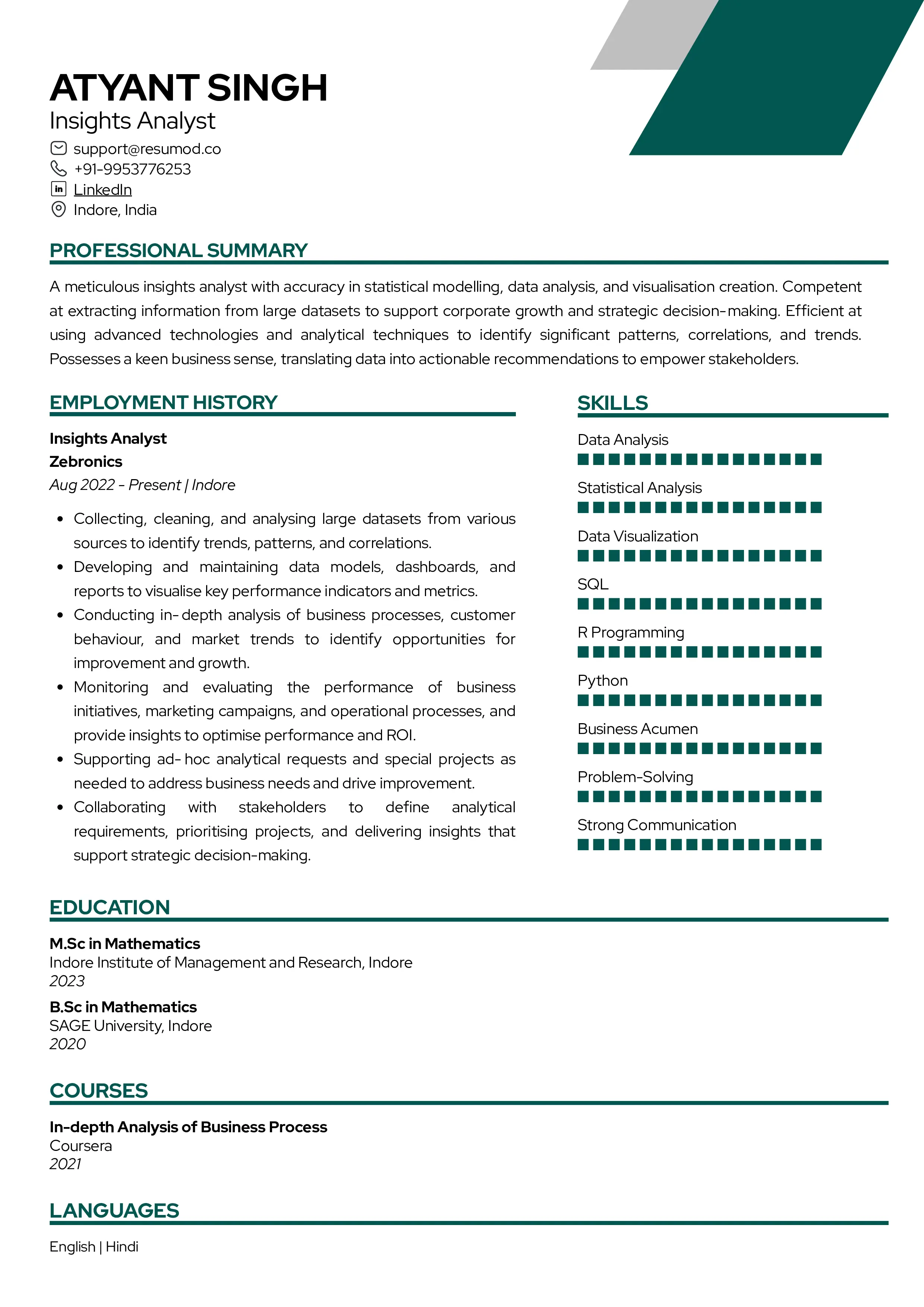Sample Resume of Insights Analyst | Free Resume Templates & Samples on Resumod.co