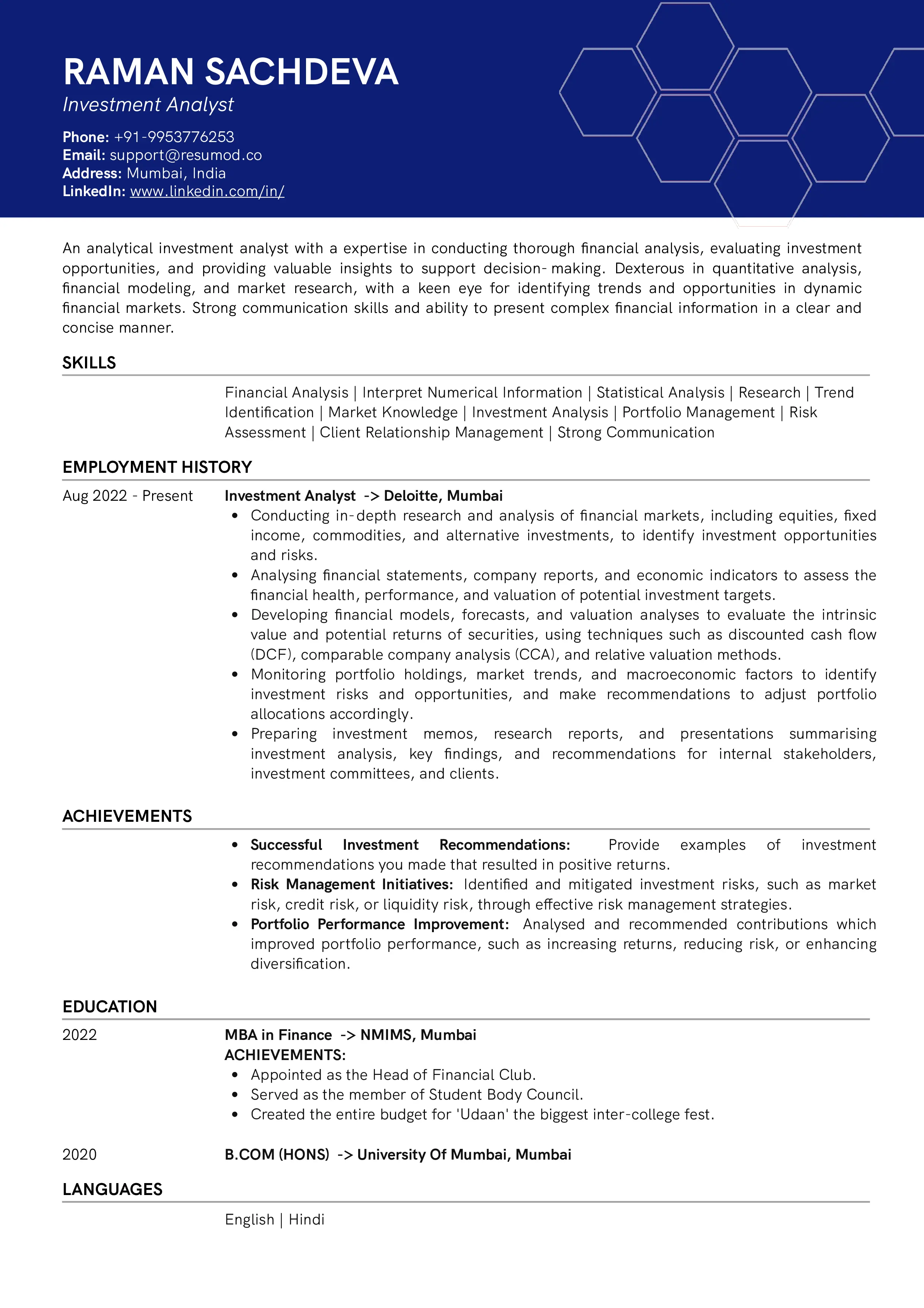 Sample Resume of Investment Analyst | Free Resume Templates & Samples on Resumod.co