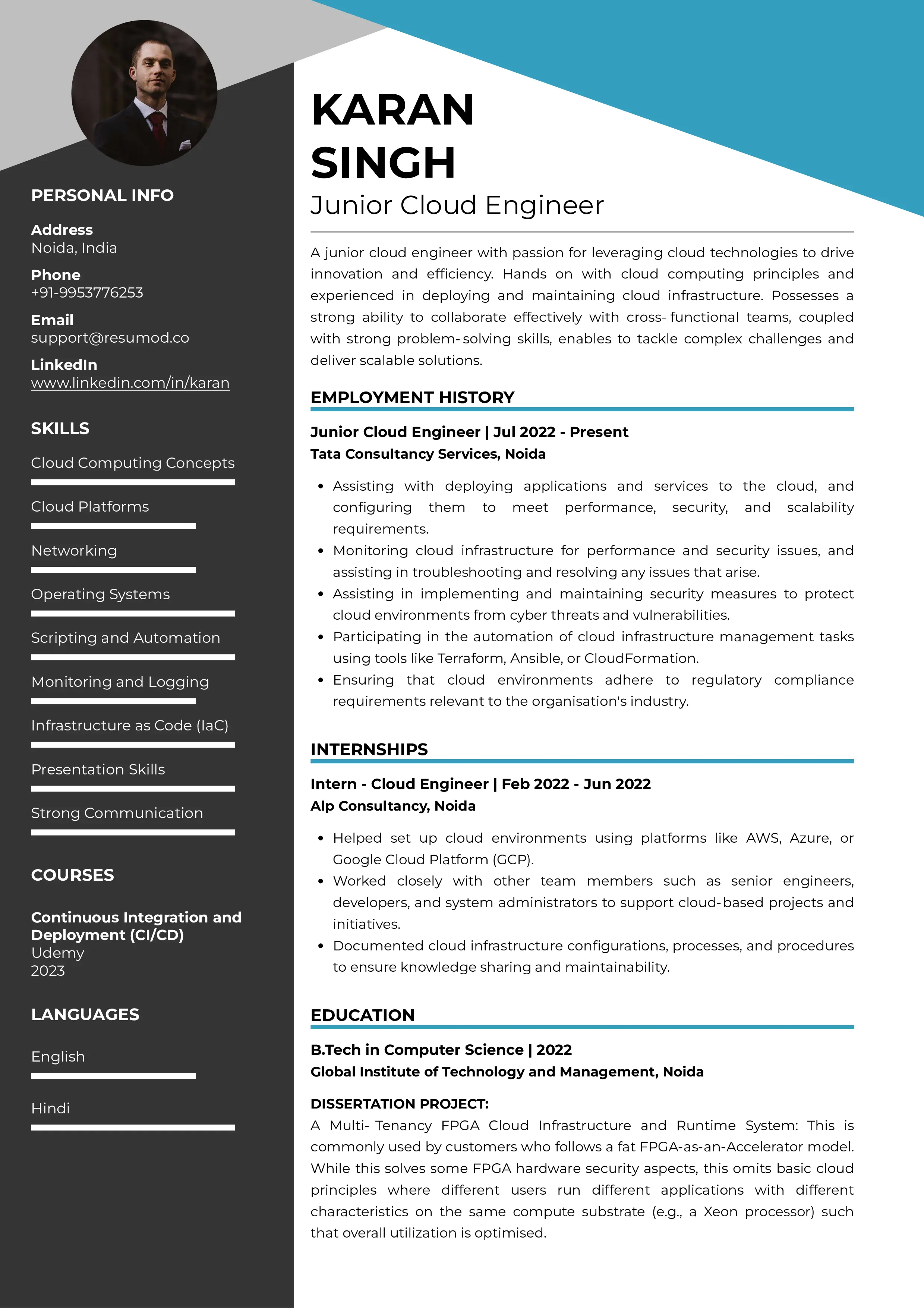 Sample Resume of Junior Cloud Engineer | Free Resume Templates & Samples on Resumod.co
