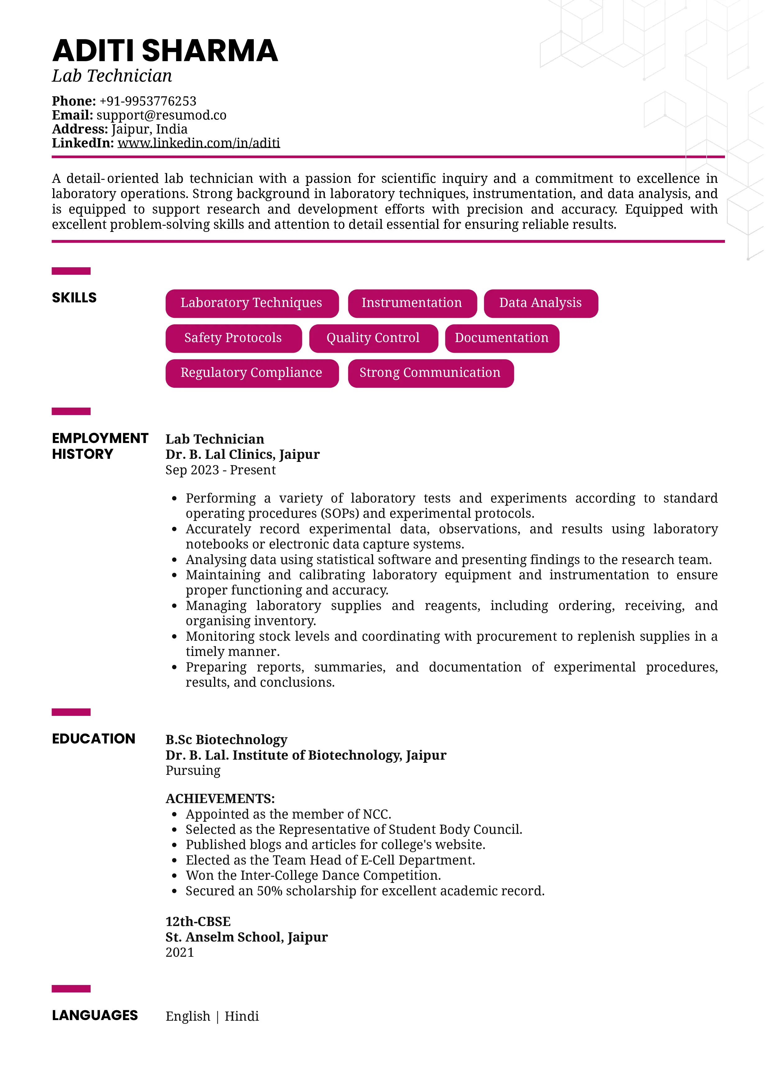 Sample Resume of Lab Technician | Free Resume Templates & Samples on Resumod.co