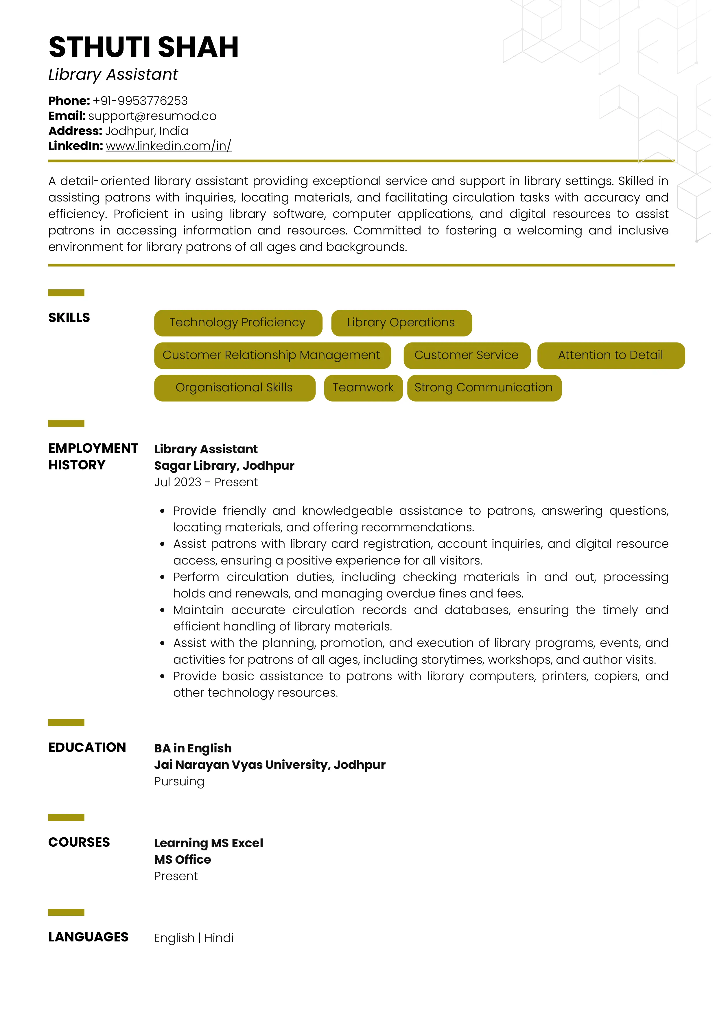Sample Resume of Library Assistant | Free Resume Templates & Samples on Resumod.co