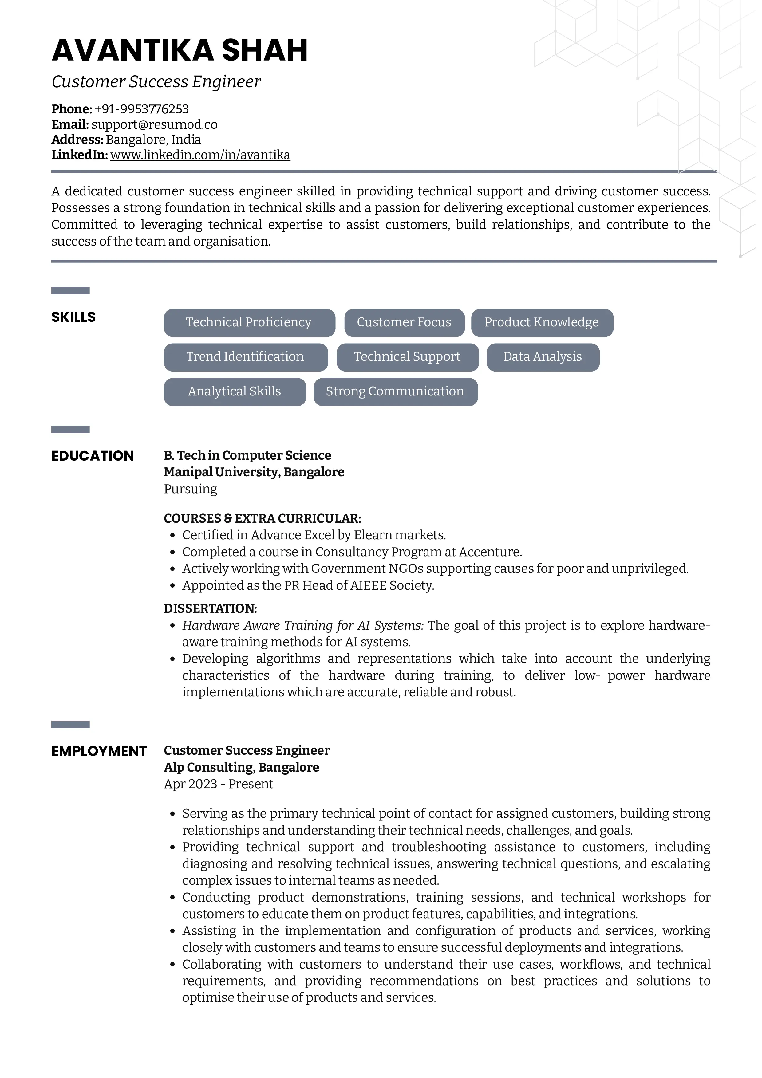 Sample Resume of Customer Success Engineer | Free Resume Templates & Samples on Resumod.co