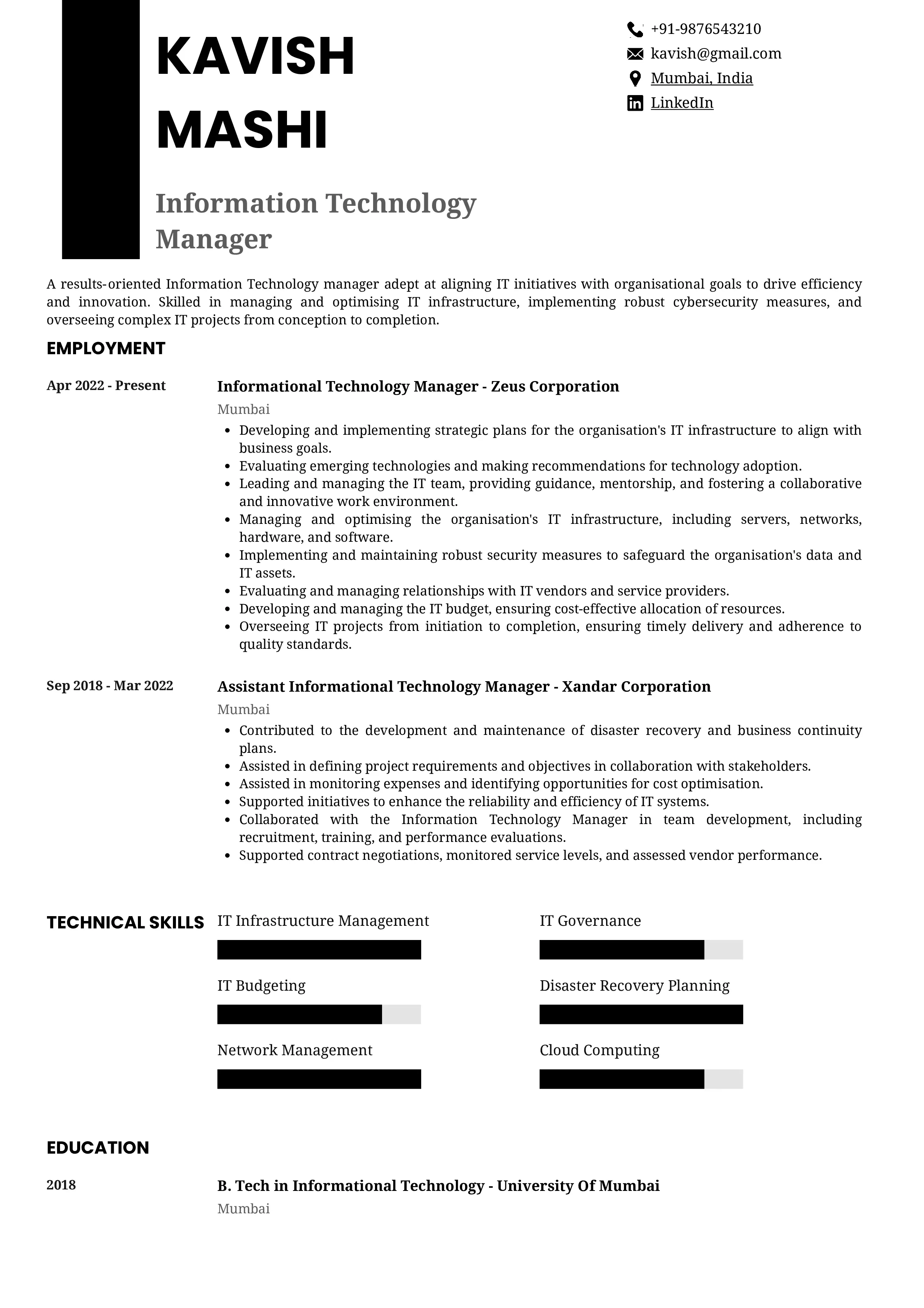 Sample Resume of Information Technology Manager | Free Resume Templates & Samples on Resumod.co