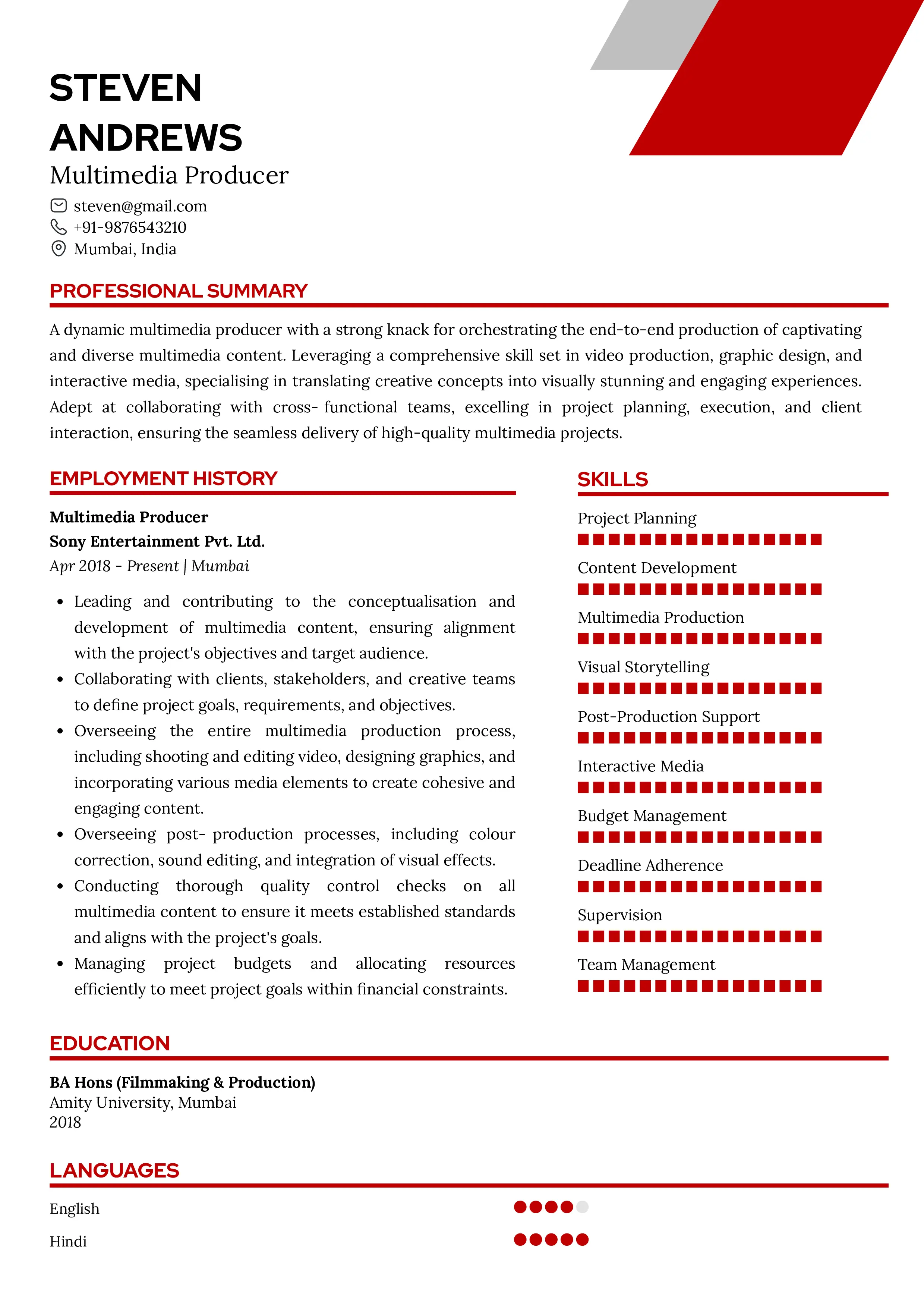 Sample Resume of Multimedia Producer | Free Resume Templates & Samples on Resumod.co