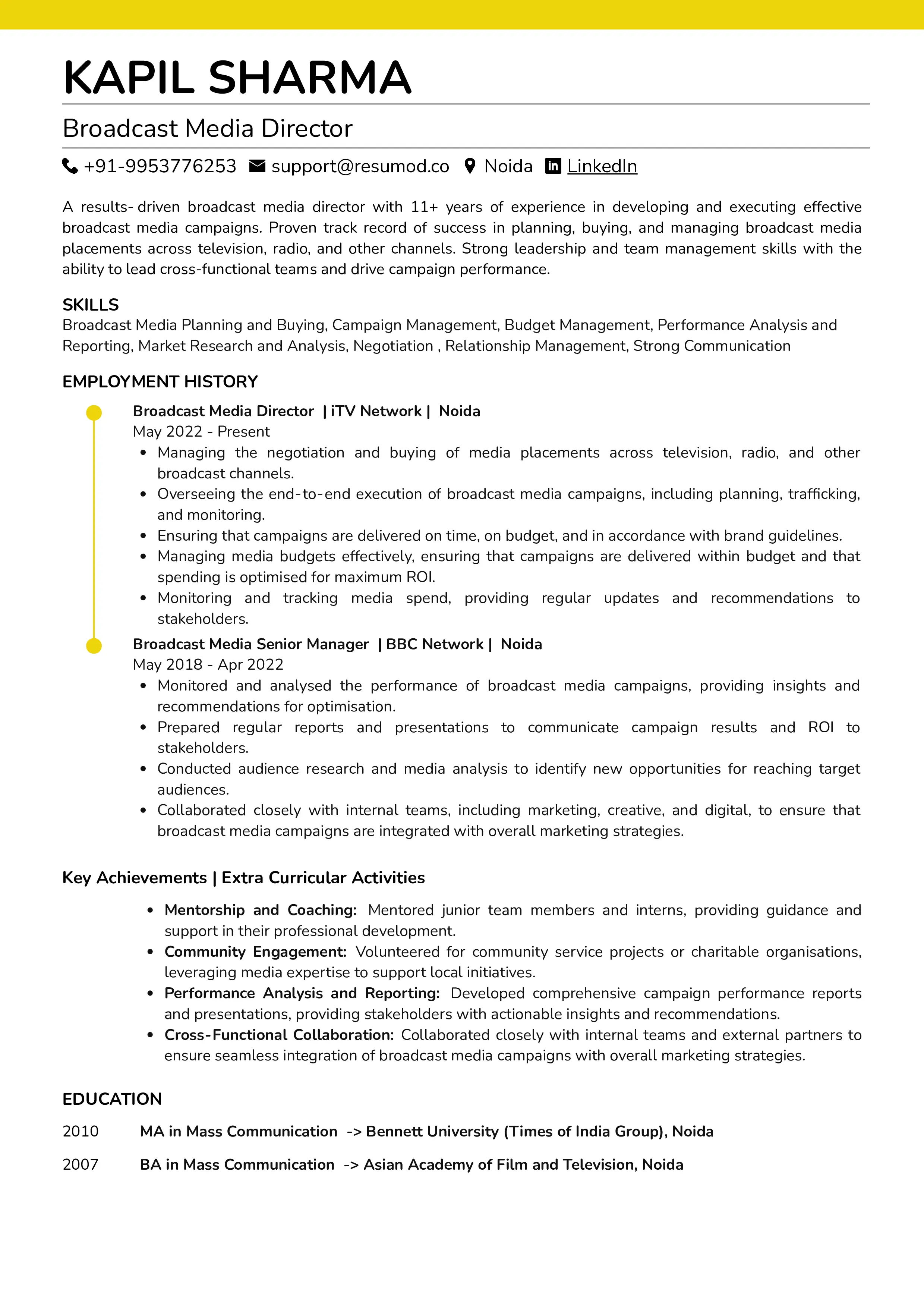 Sample Resume of Broadcasting Media Director | Free Resume Templates & Samples on Resumod.co