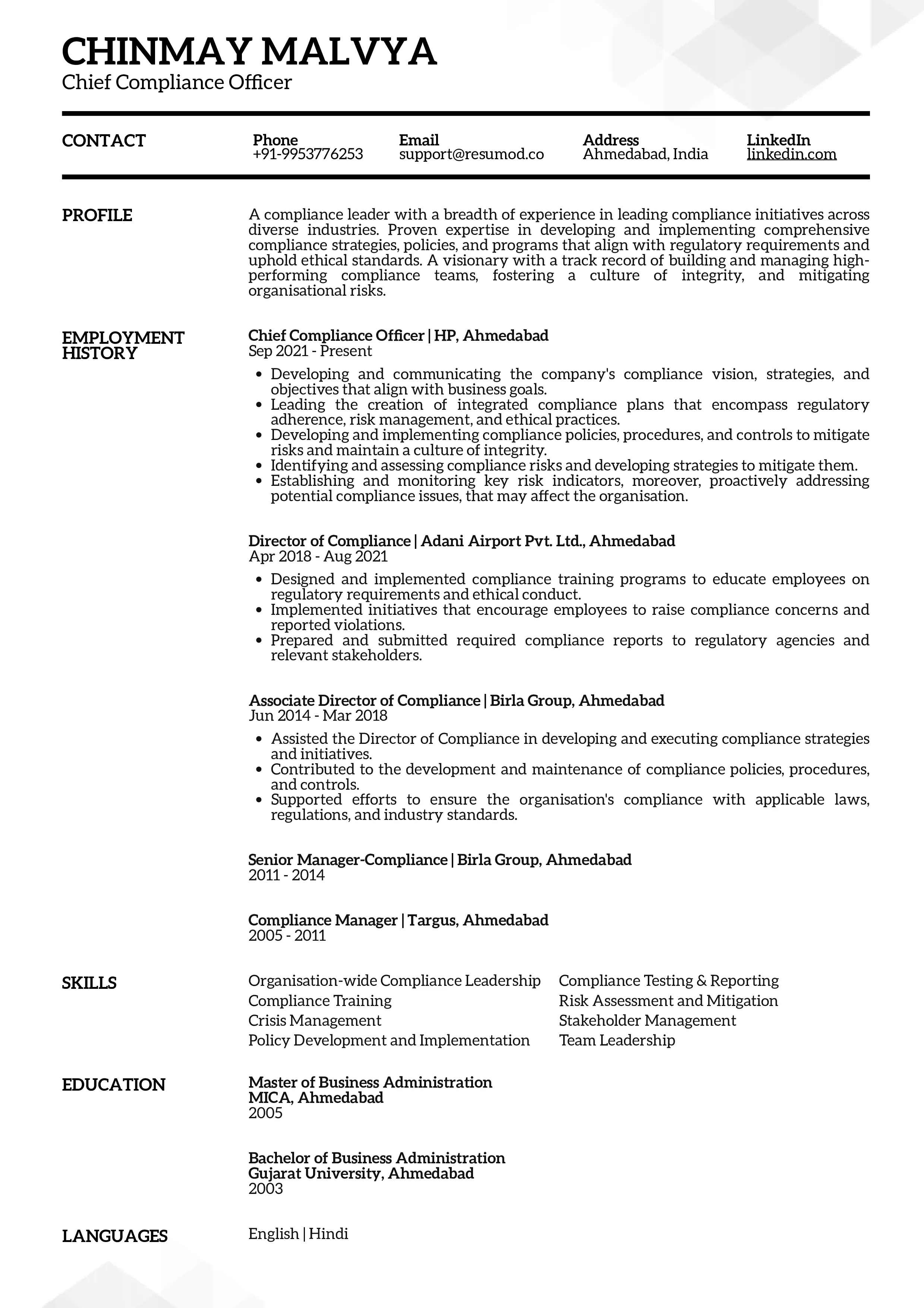 Sample Resume of Chief Compliance Officer | Free Resume Templates & Samples on Resumod.co