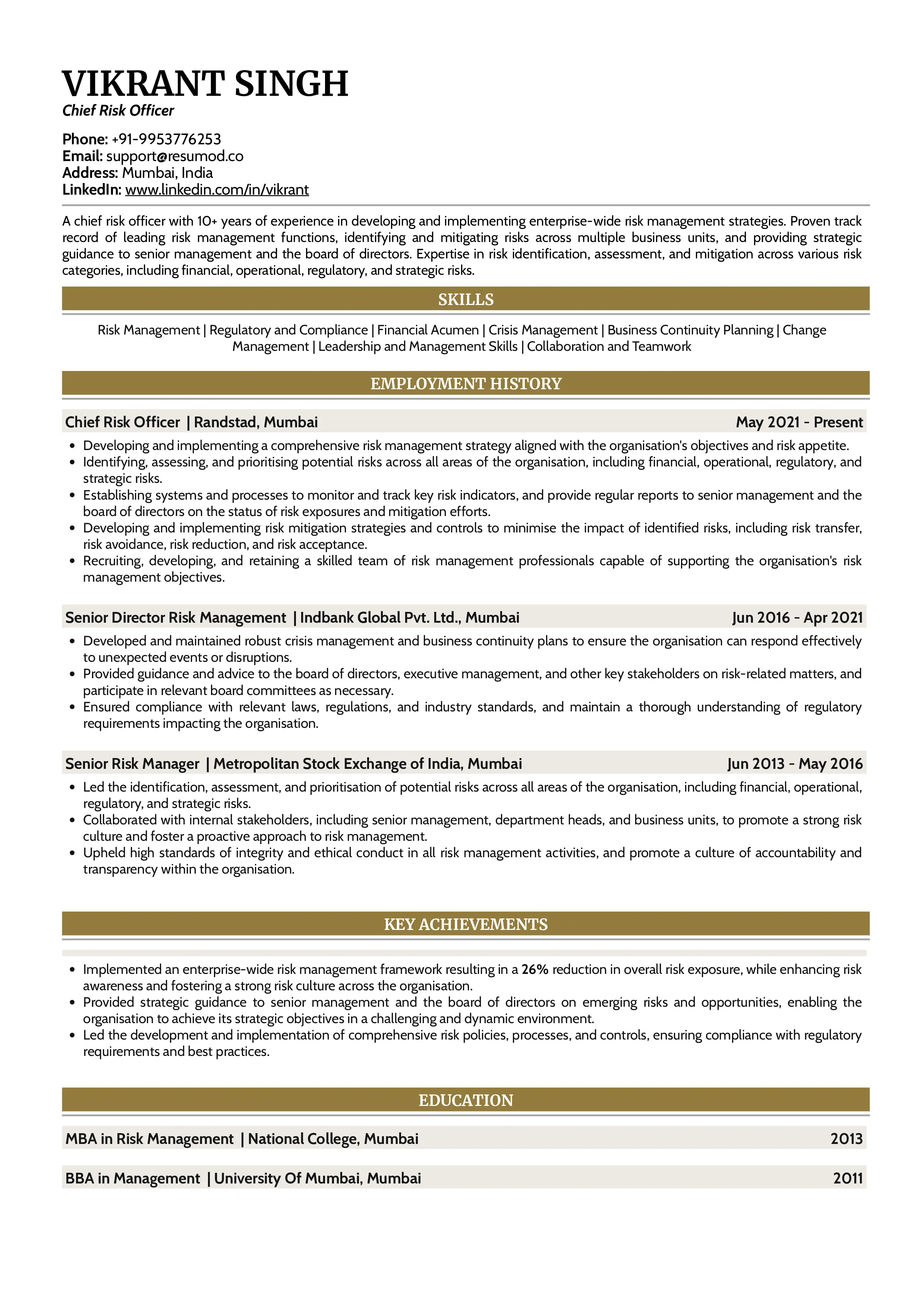Sample Resume of Chief Risk Officer | Free Resume Templates & Samples on Resumod.co