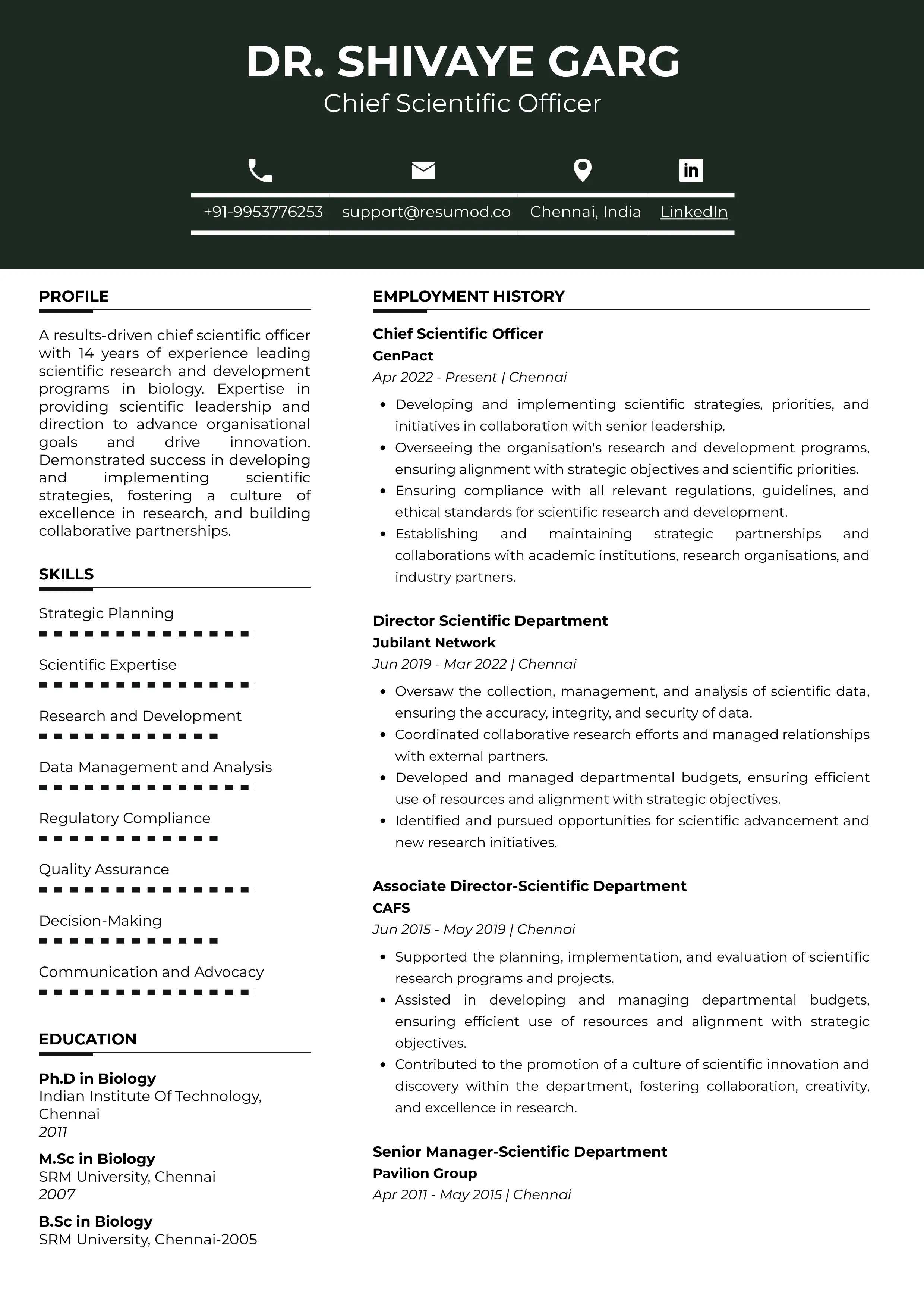 Sample Resume of Chief Scientific Officer | Free Resume Templates & Samples on Resumod.co