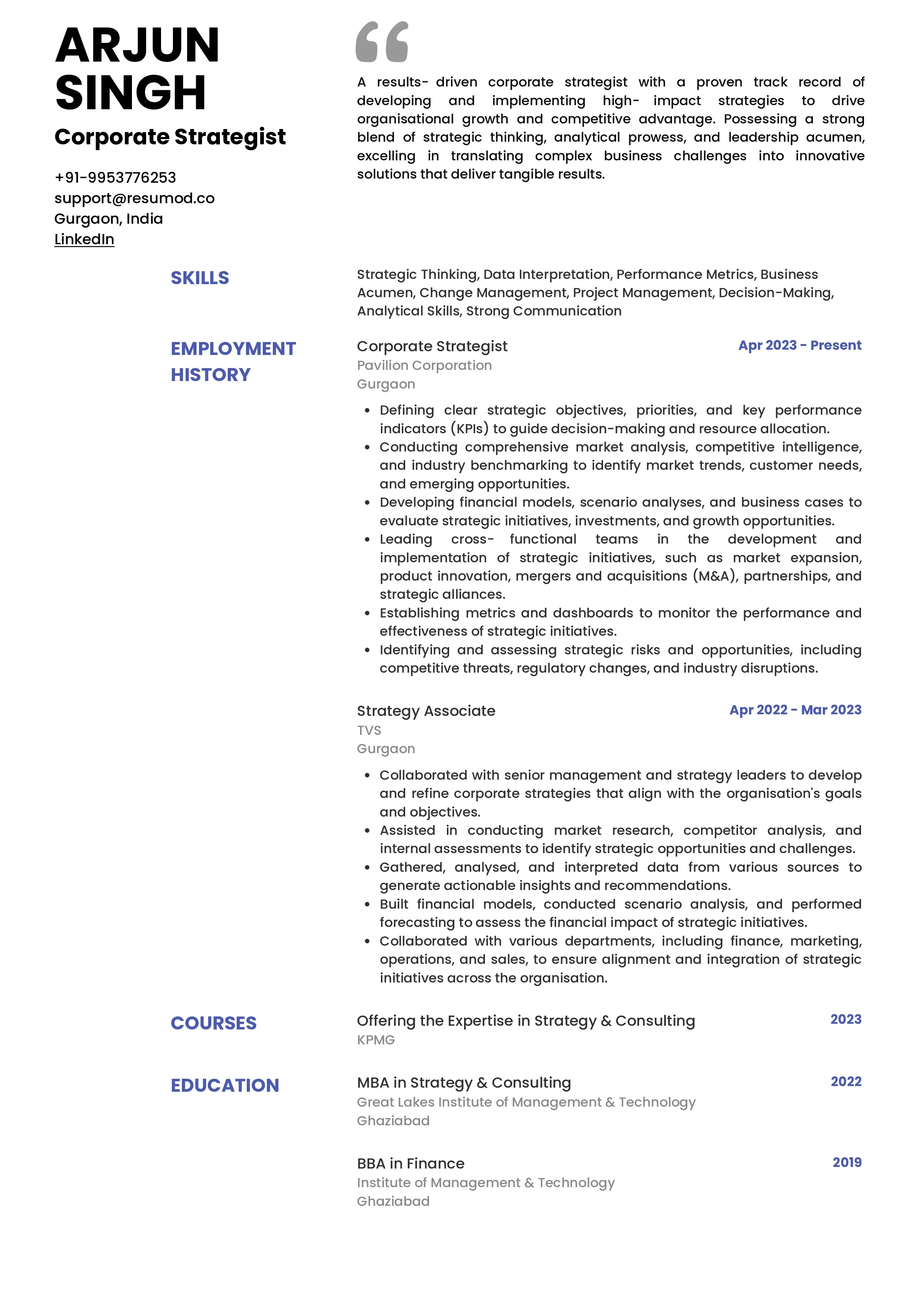 Sample Resume of Corporate Strategist | Free Resume Templates & Samples on Resumod.co