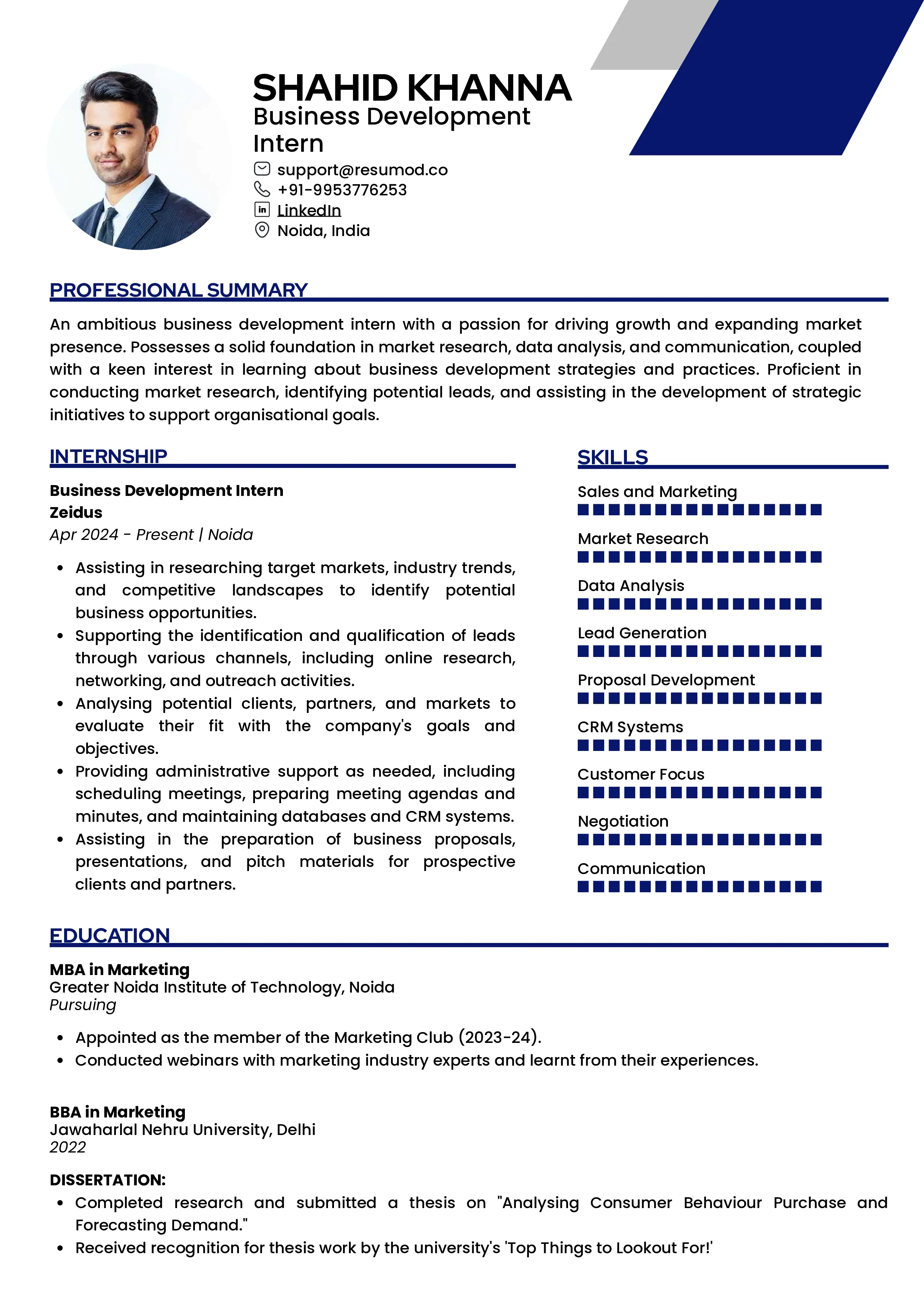 Sample Resume of Business Development Intern | Free Resume Templates & Samples on Resumod.co