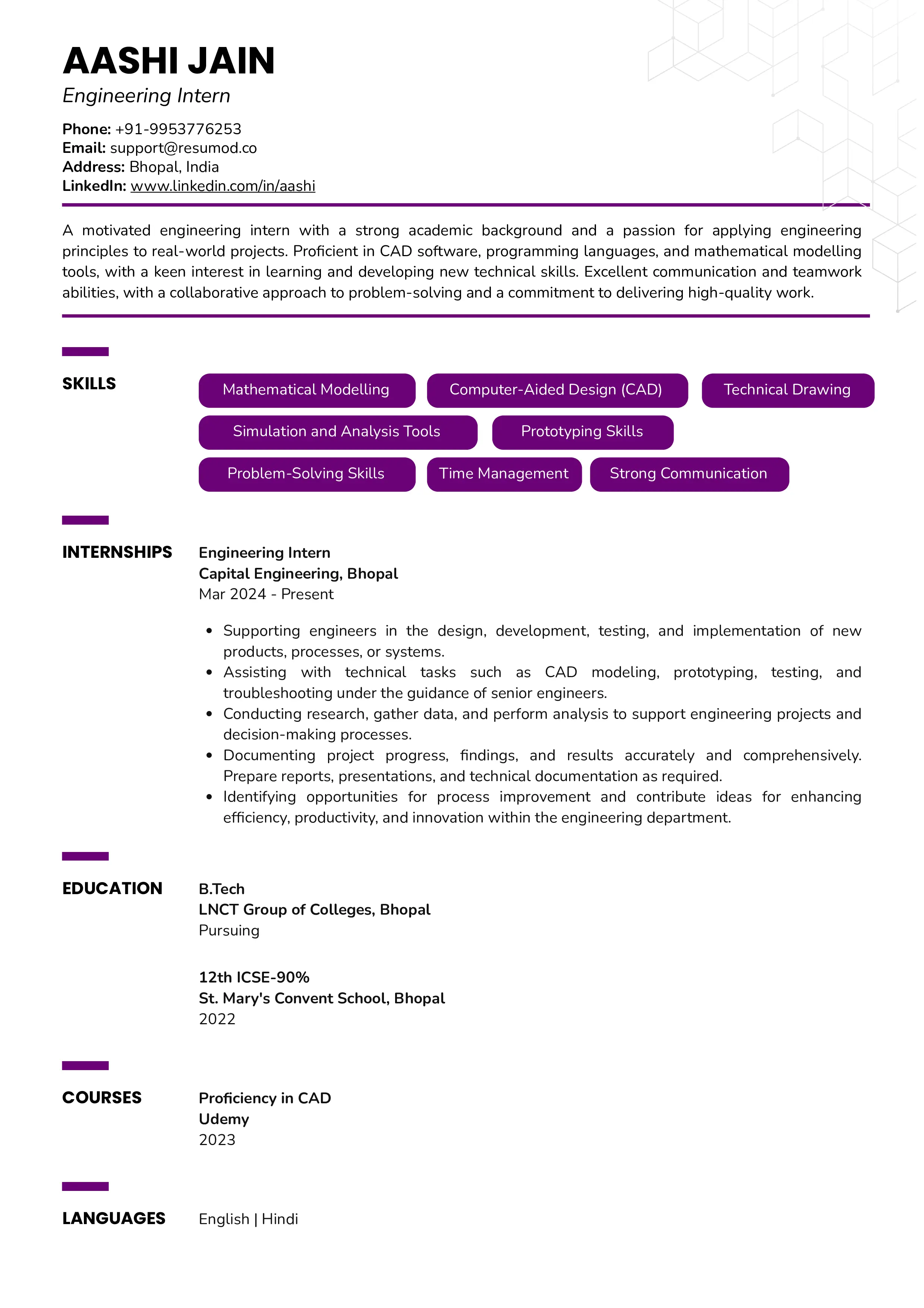 Sample Resume of Engineering Intern | Free Resume Templates & Samples on Resumod.co
