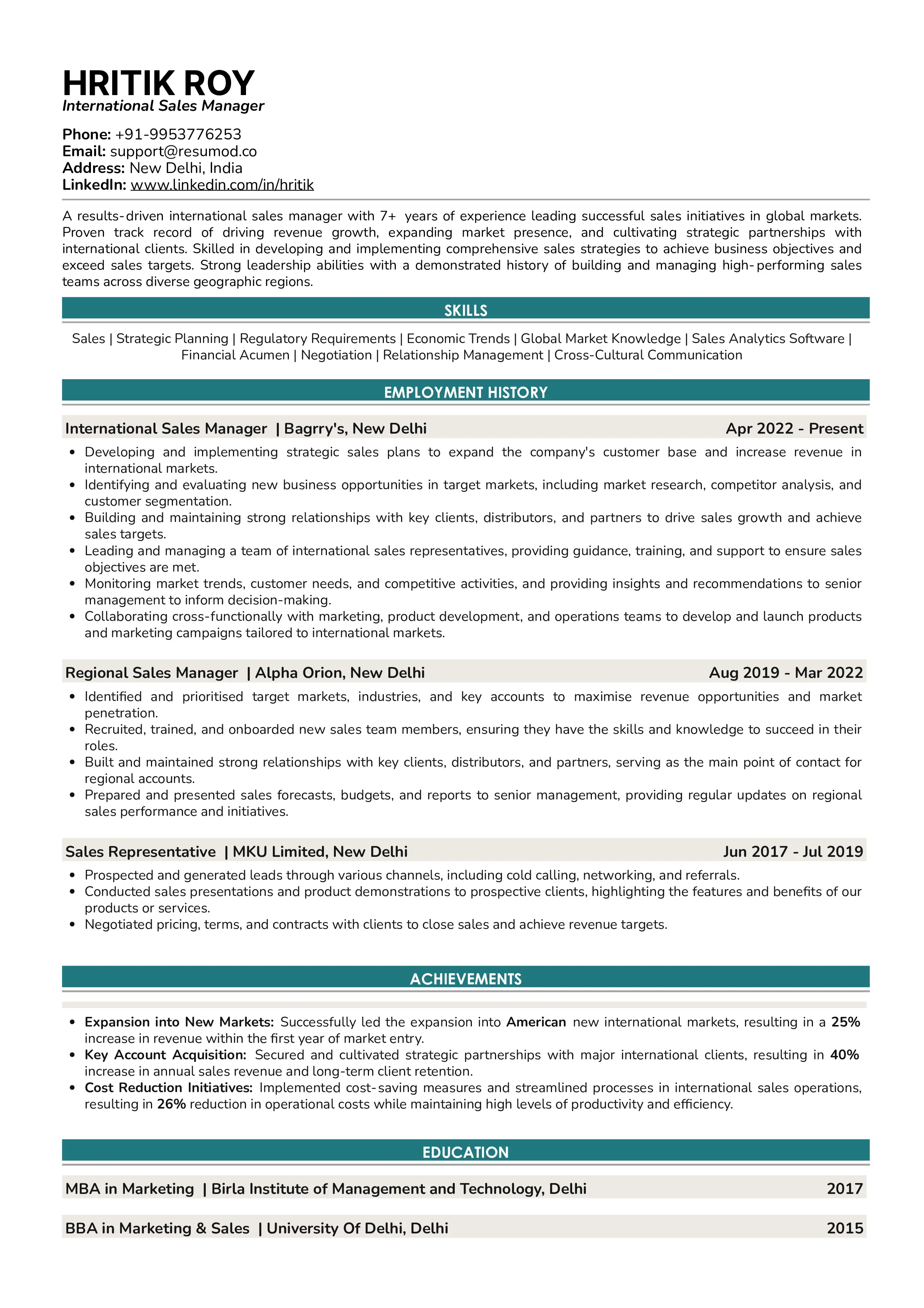 Sample Resume of International Sales Manager | Free Resume Templates & Samples on Resumod.co