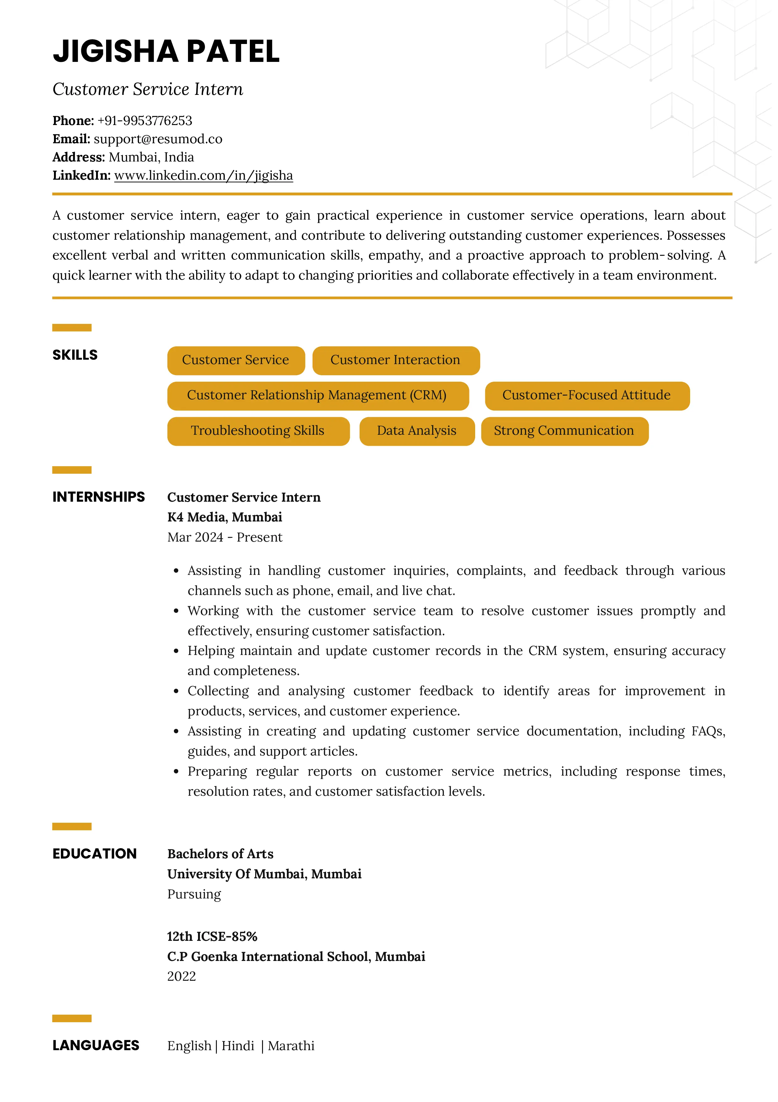 Sample Resume of Customer Service Intern | Free Resume Templates & Samples on Resumod.co