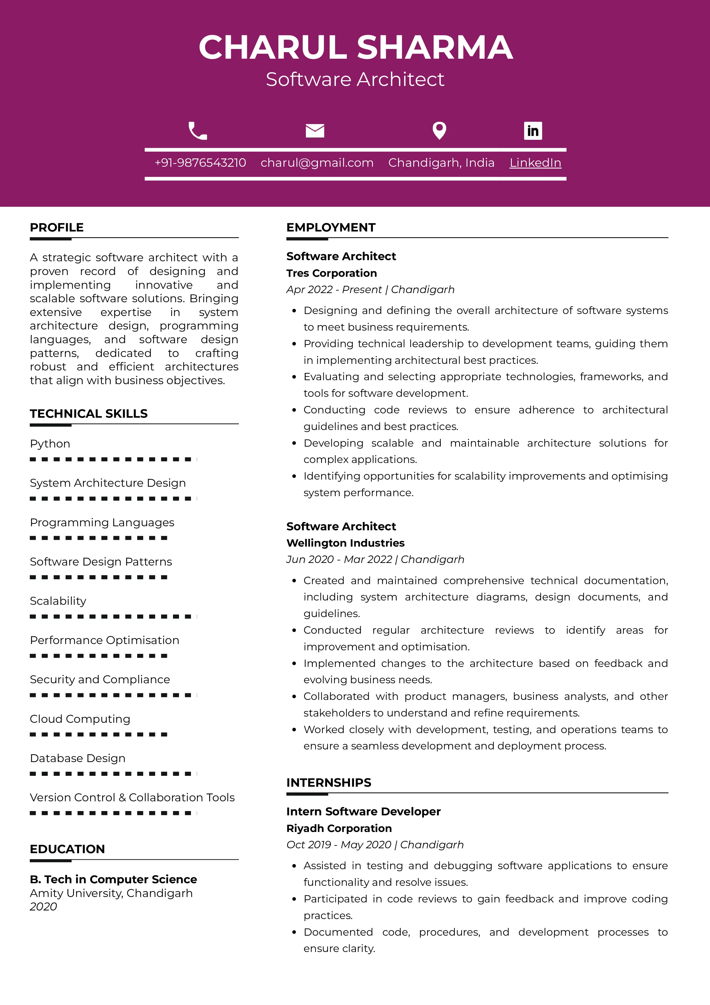 Sample Resume of Software Architect | Free Resume Templates & Samples on Resumod.co