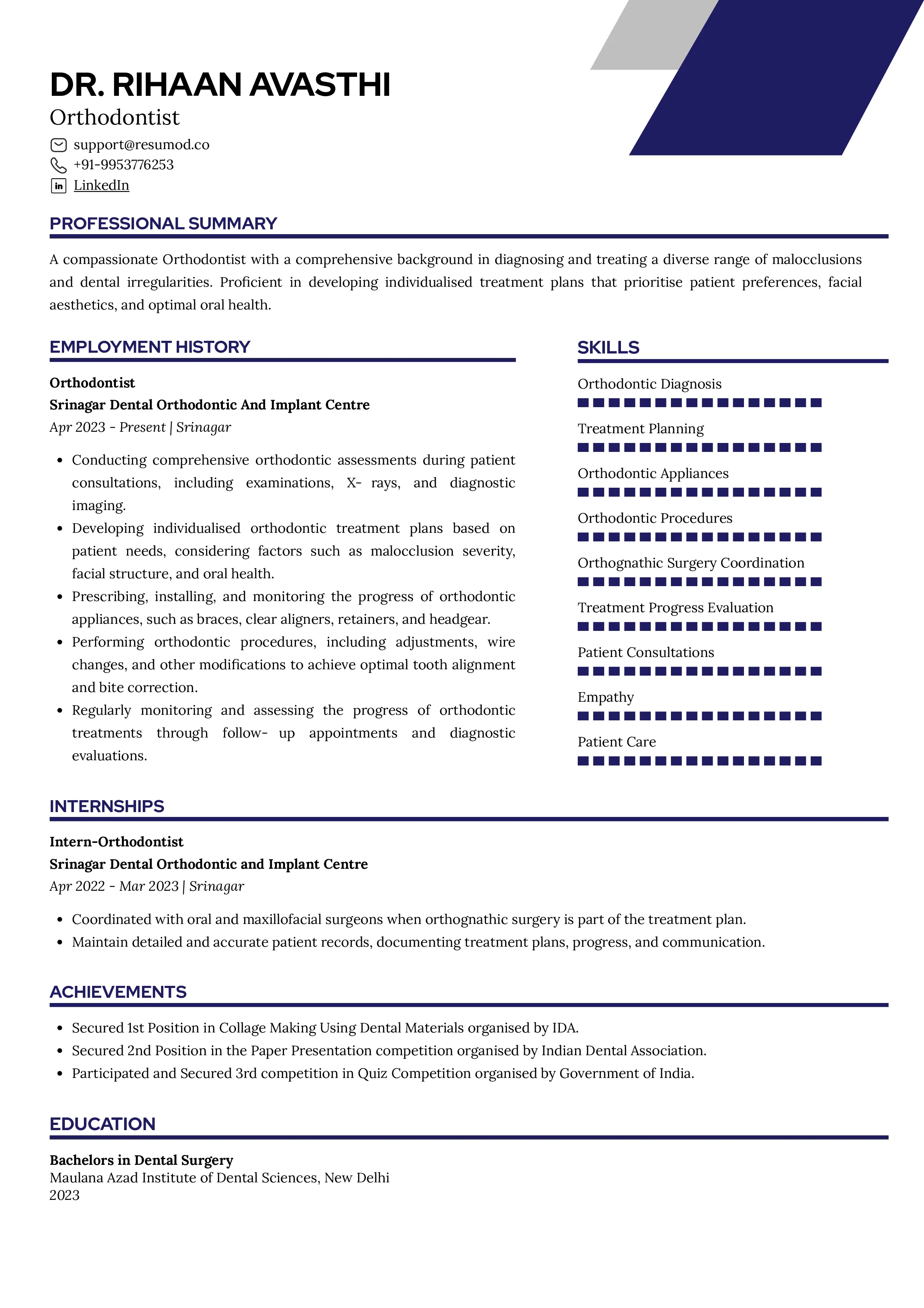 Sample Resume of Orthodontist | Free Resume Templates & Samples on Resumod.co