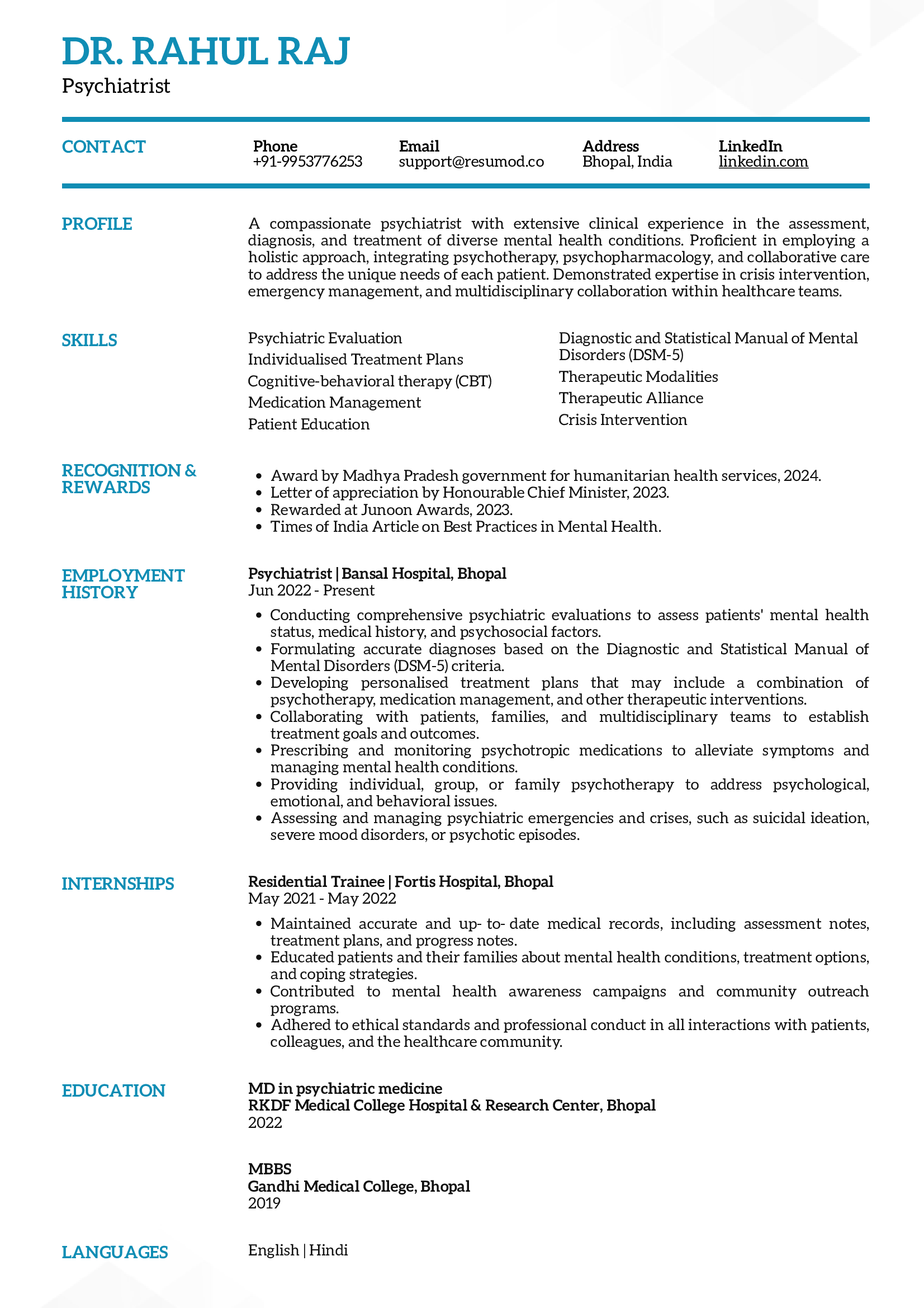 Sample Resume of Psychiatrist | Free Resume Templates & Samples on Resumod.co