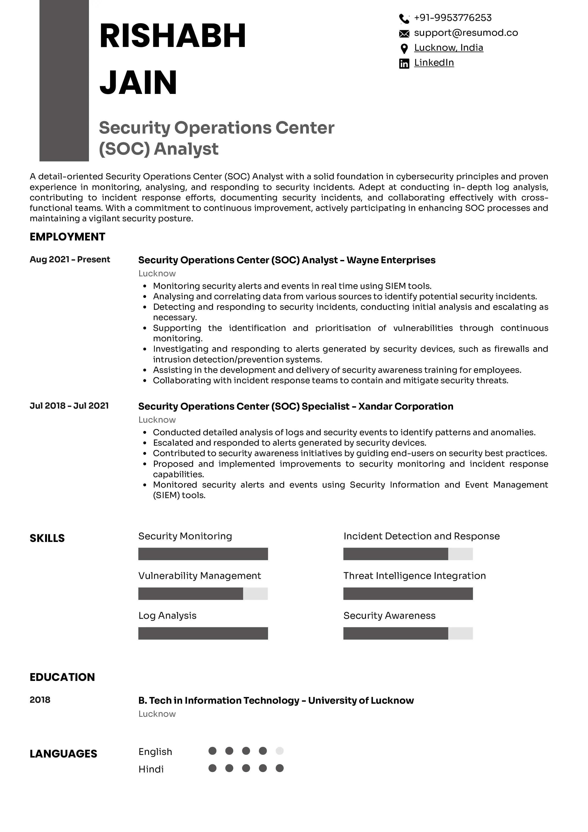 Sample Resume of Security Operations Centre (SOC) Analyst | Free Resume Templates & Samples on Resumod.co