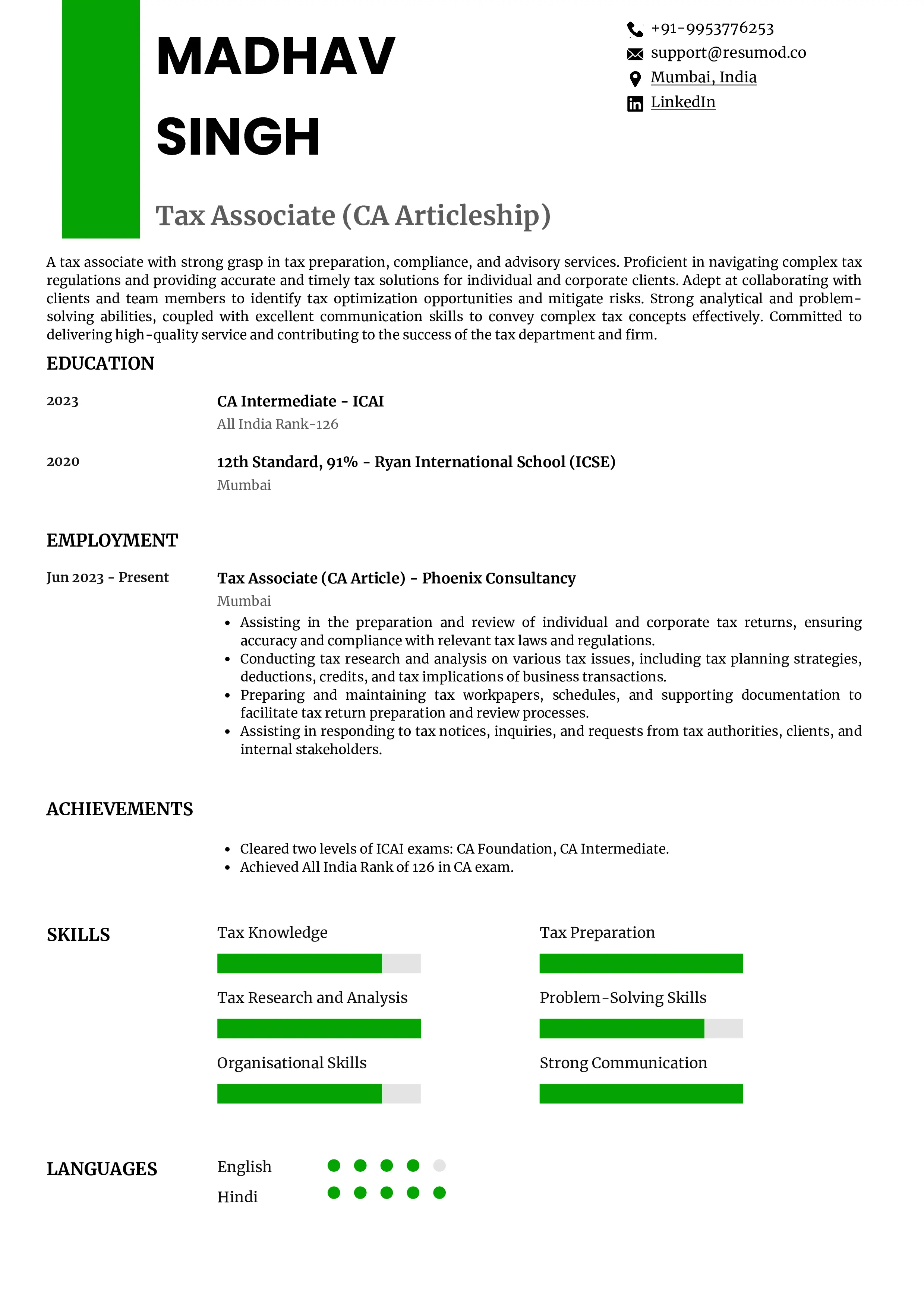 Sample Resume of Tax Associate | Free Resume Templates & Samples on Resumod.co