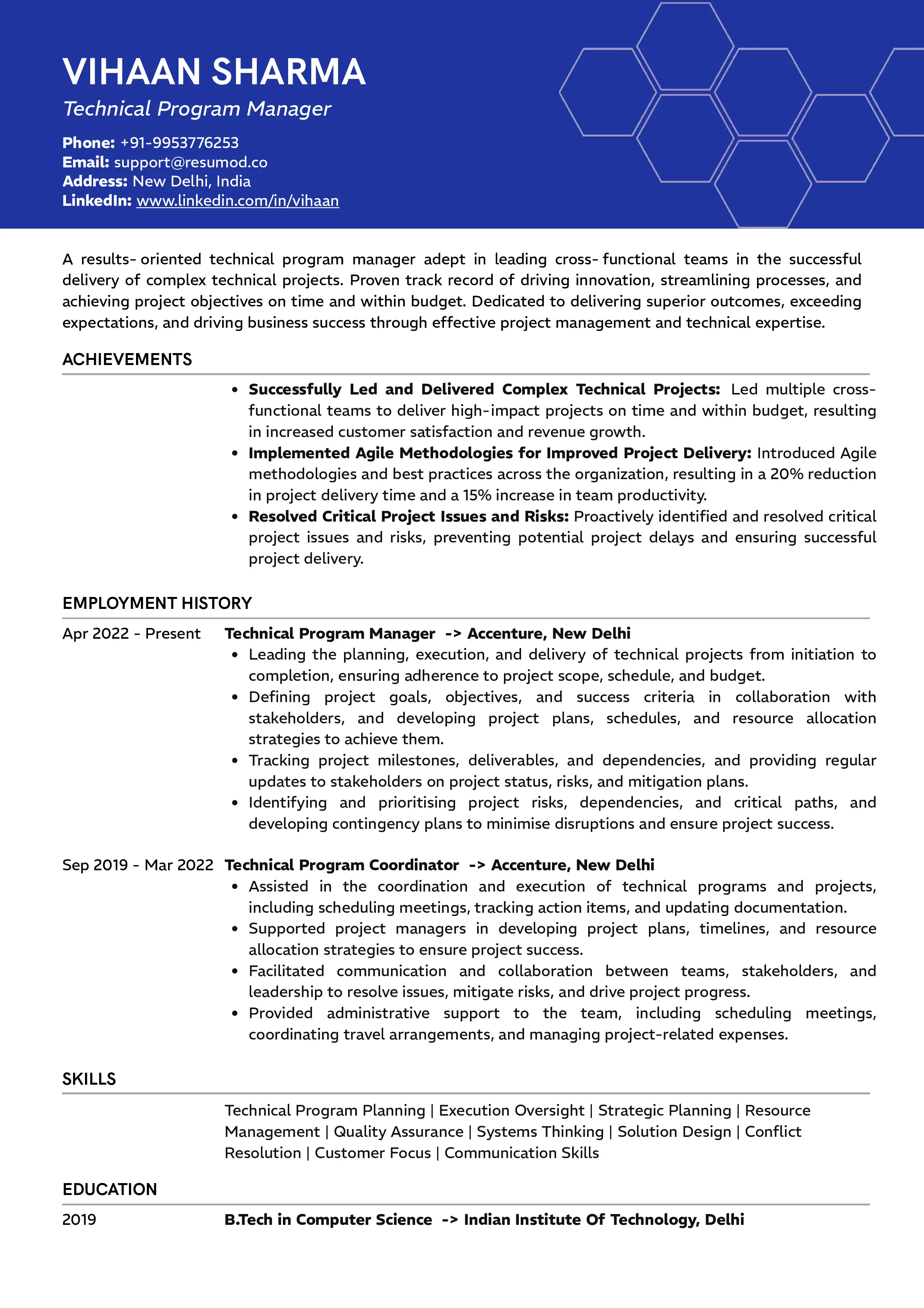 Sample Resume of Technical Program Manager | Free Resume Templates & Samples on Resumod.co