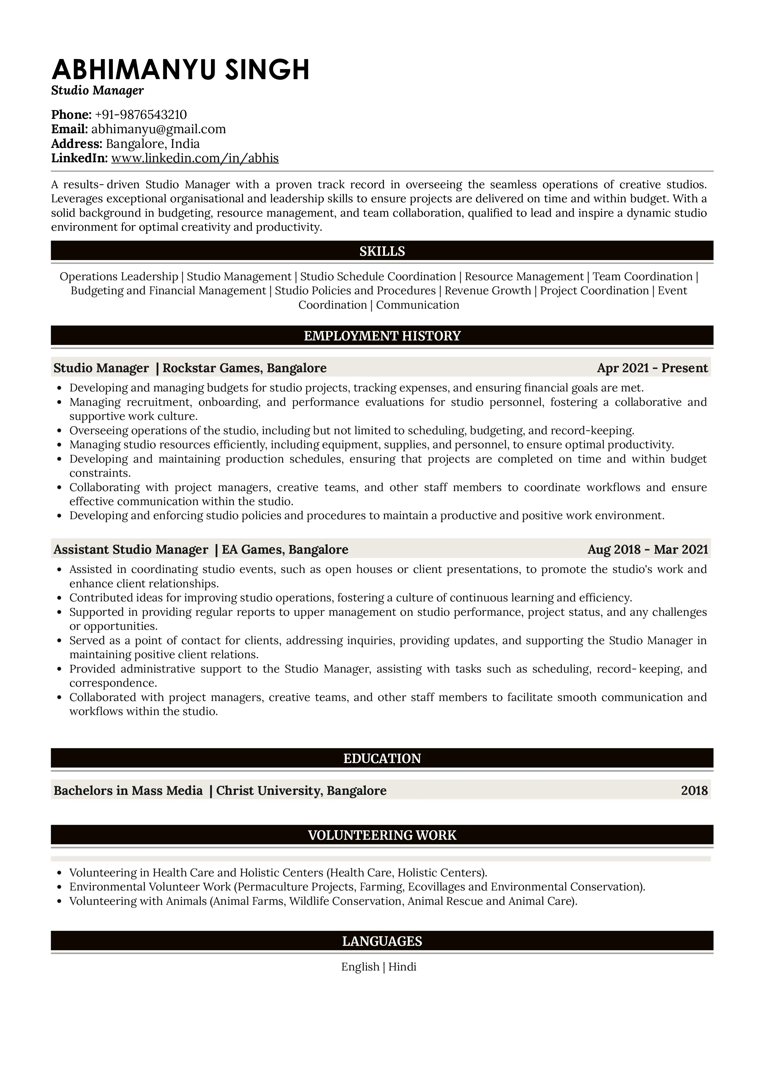 Sample Resume of Studio Manager | Free Resume Templates & Samples on Resumod.co