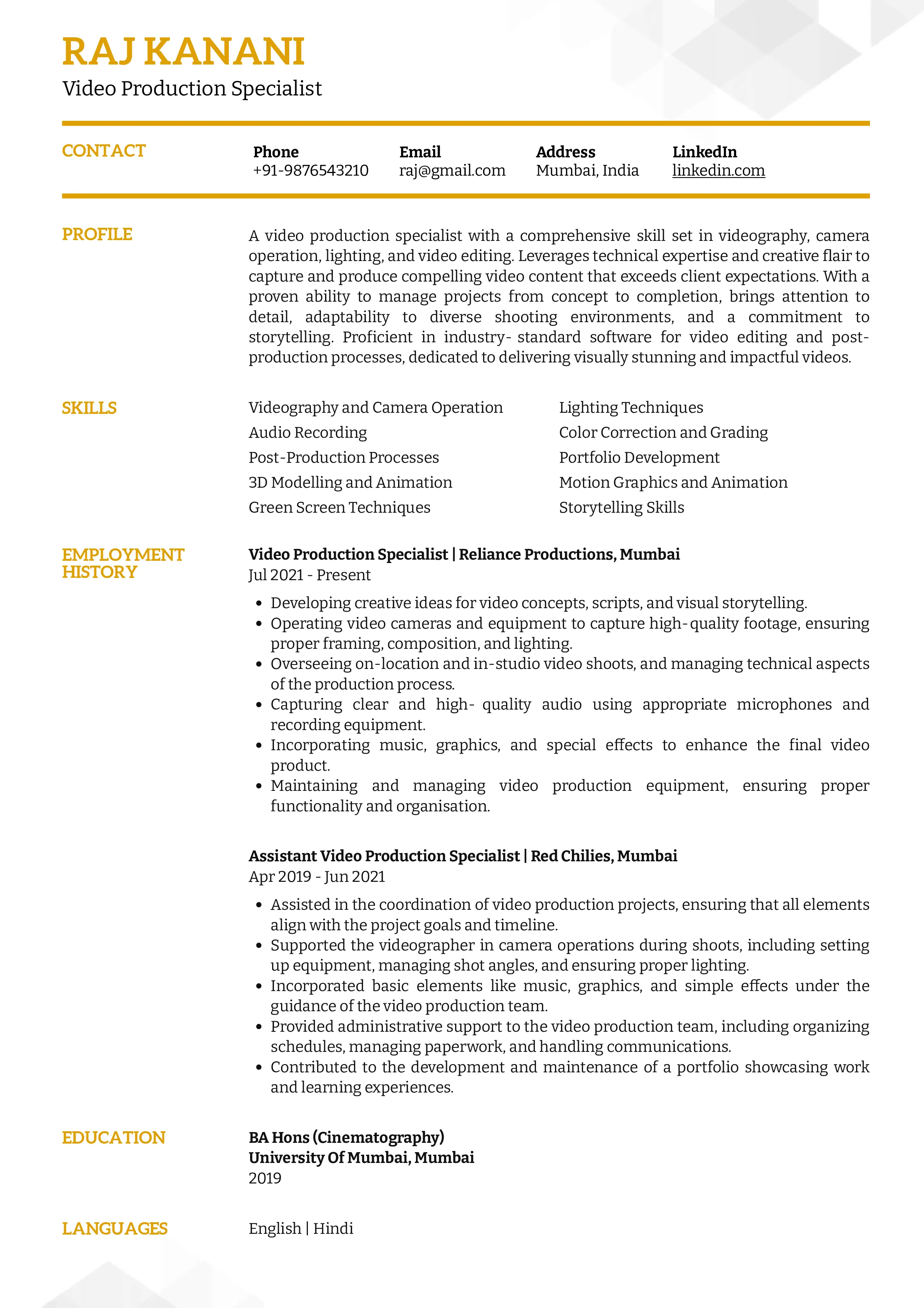 Sample Resume of Video Production Specialist | Free Resume Templates & Samples on Resumod.co