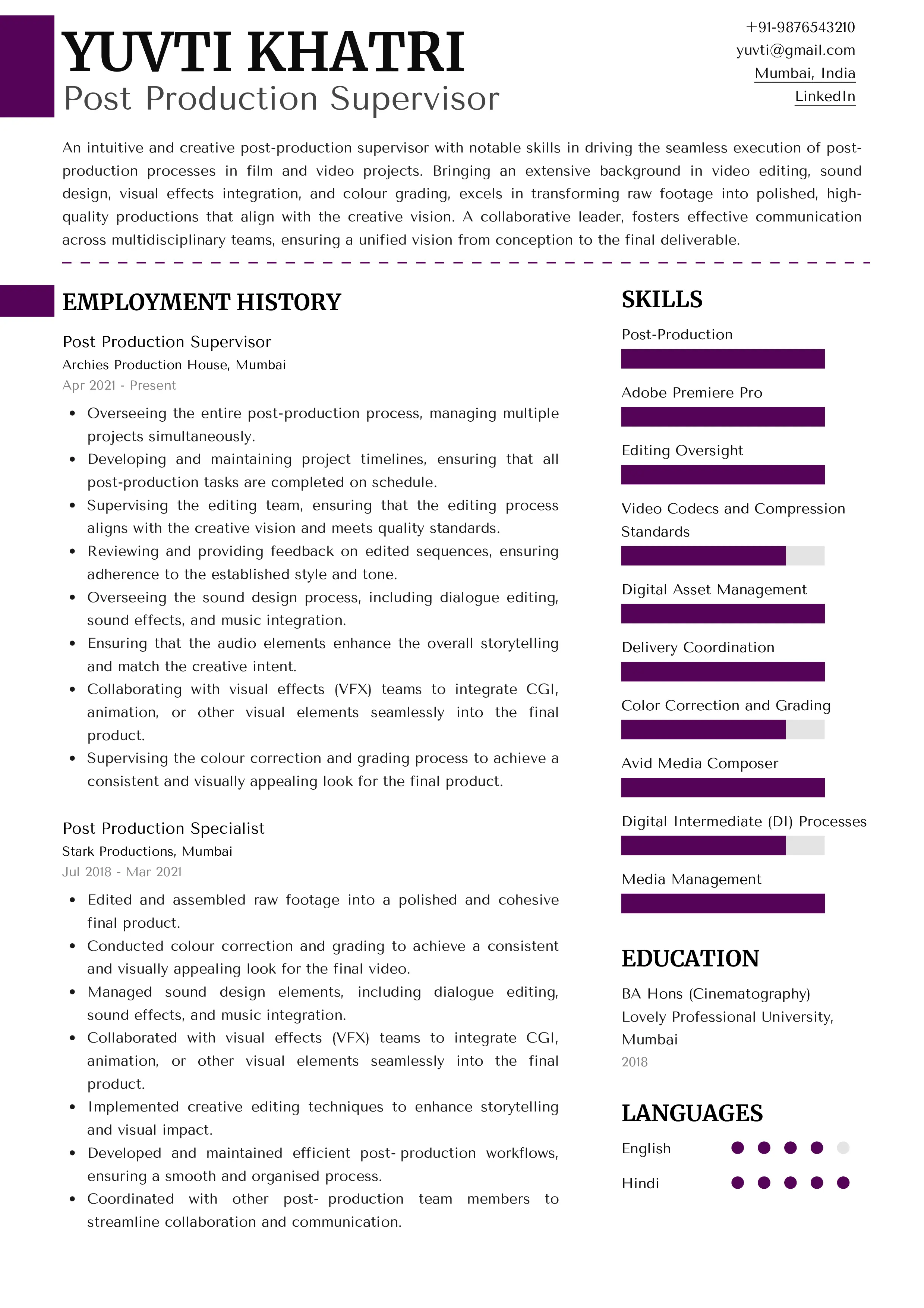 Sample Resume of Post Production Supervisor | Free Resume Templates & Samples on Resumod.co