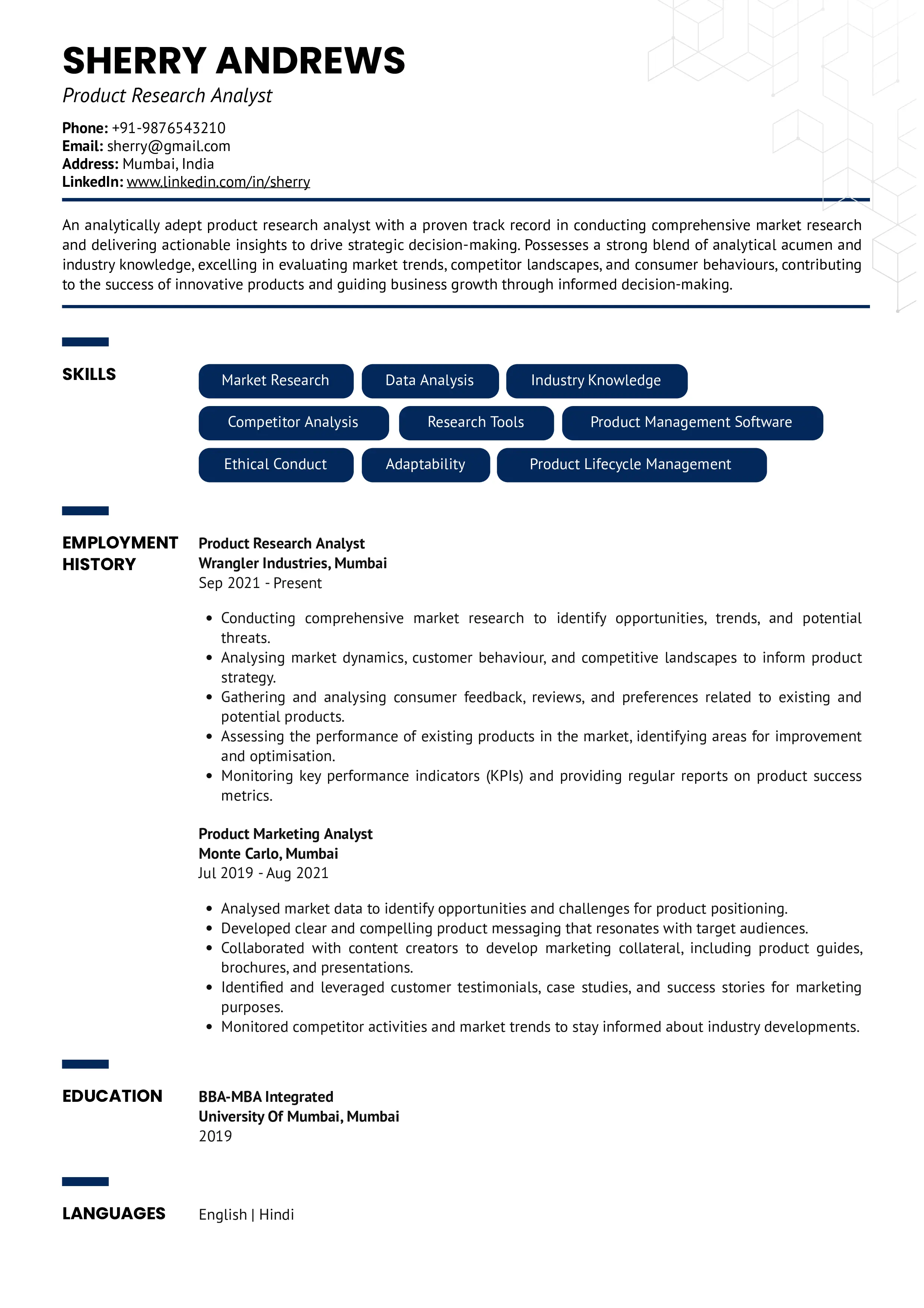 Sample Resume of Product Research Analyst | Free Resume Templates & Samples on Resumod.co