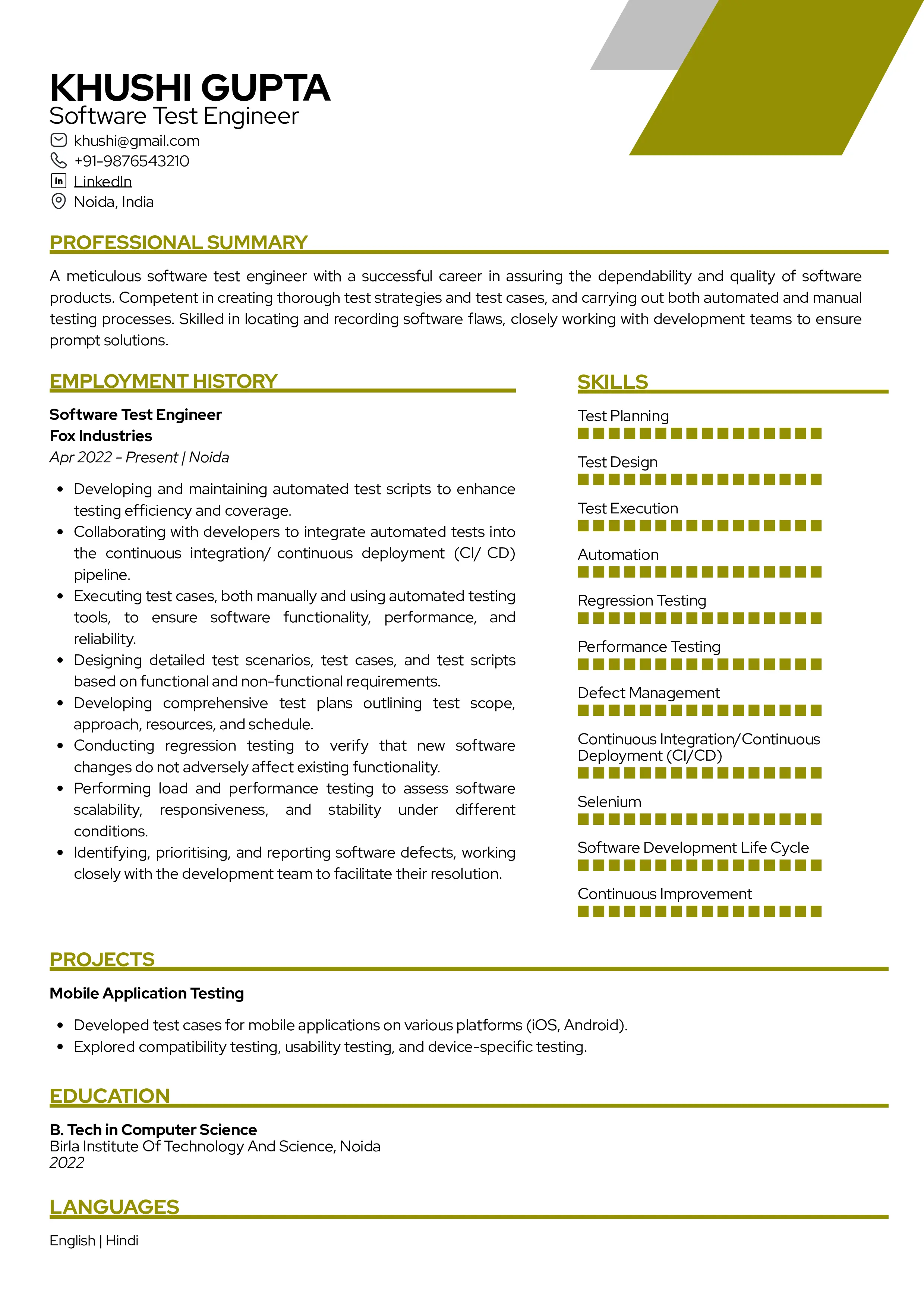 Sample Resume of Software Test Engineer | Free Resume Templates & Samples on Resumod.co