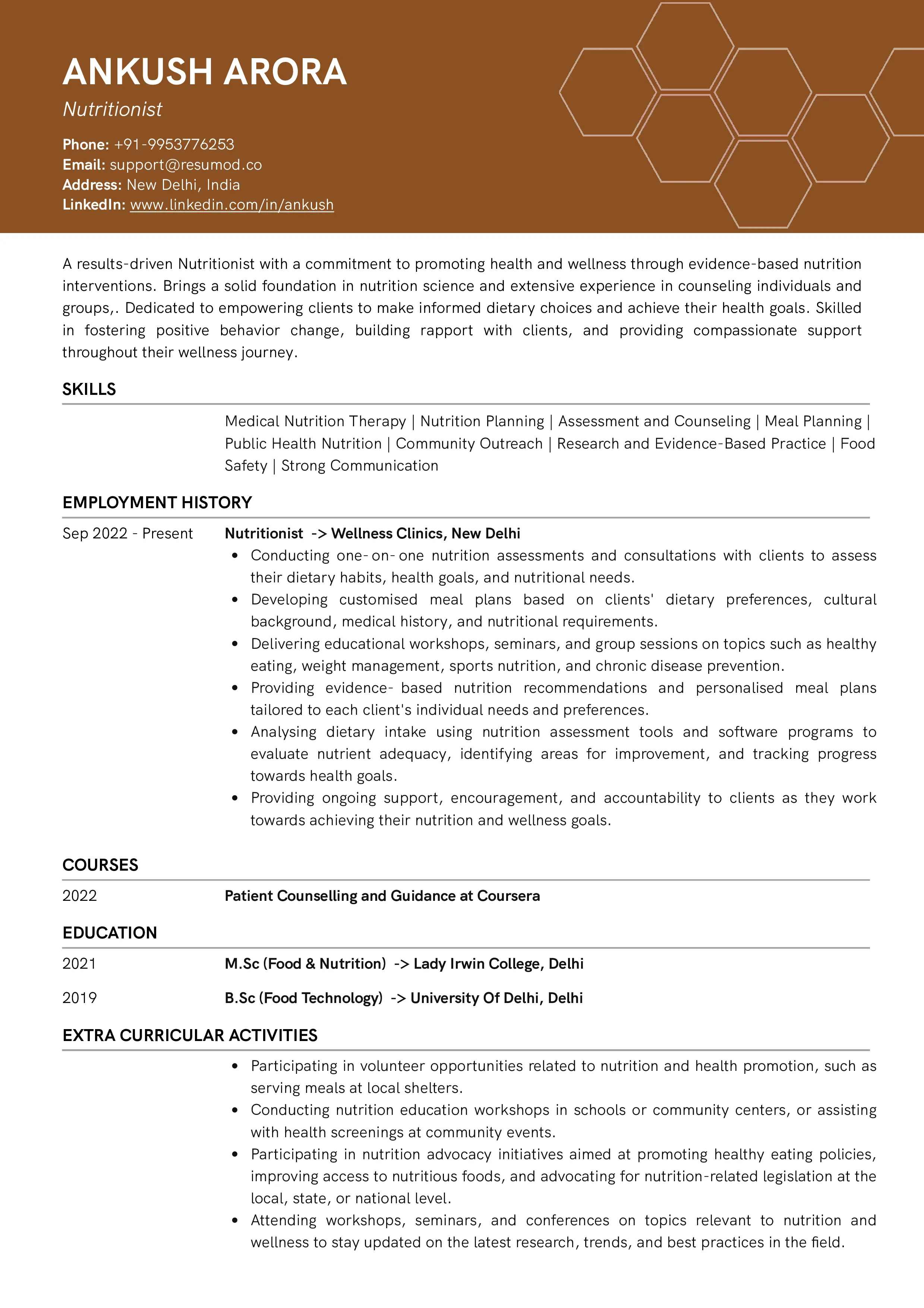 Sample Resume of Nutritionist | Free Resume Templates & Samples on Resumod.co