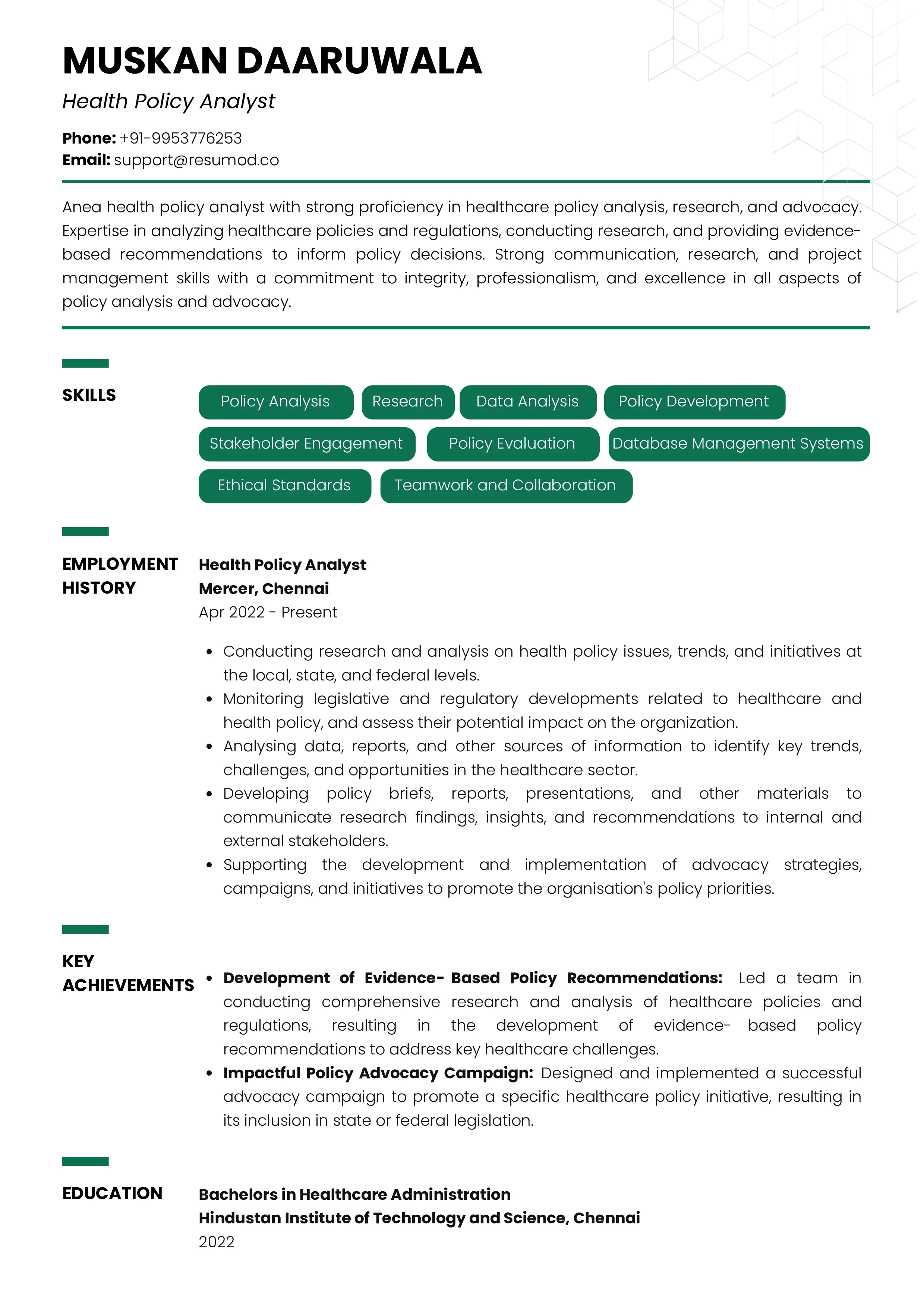 Sample Resume of Healthcare Policy Analyst | Free Resume Templates & Samples on Resumod.co