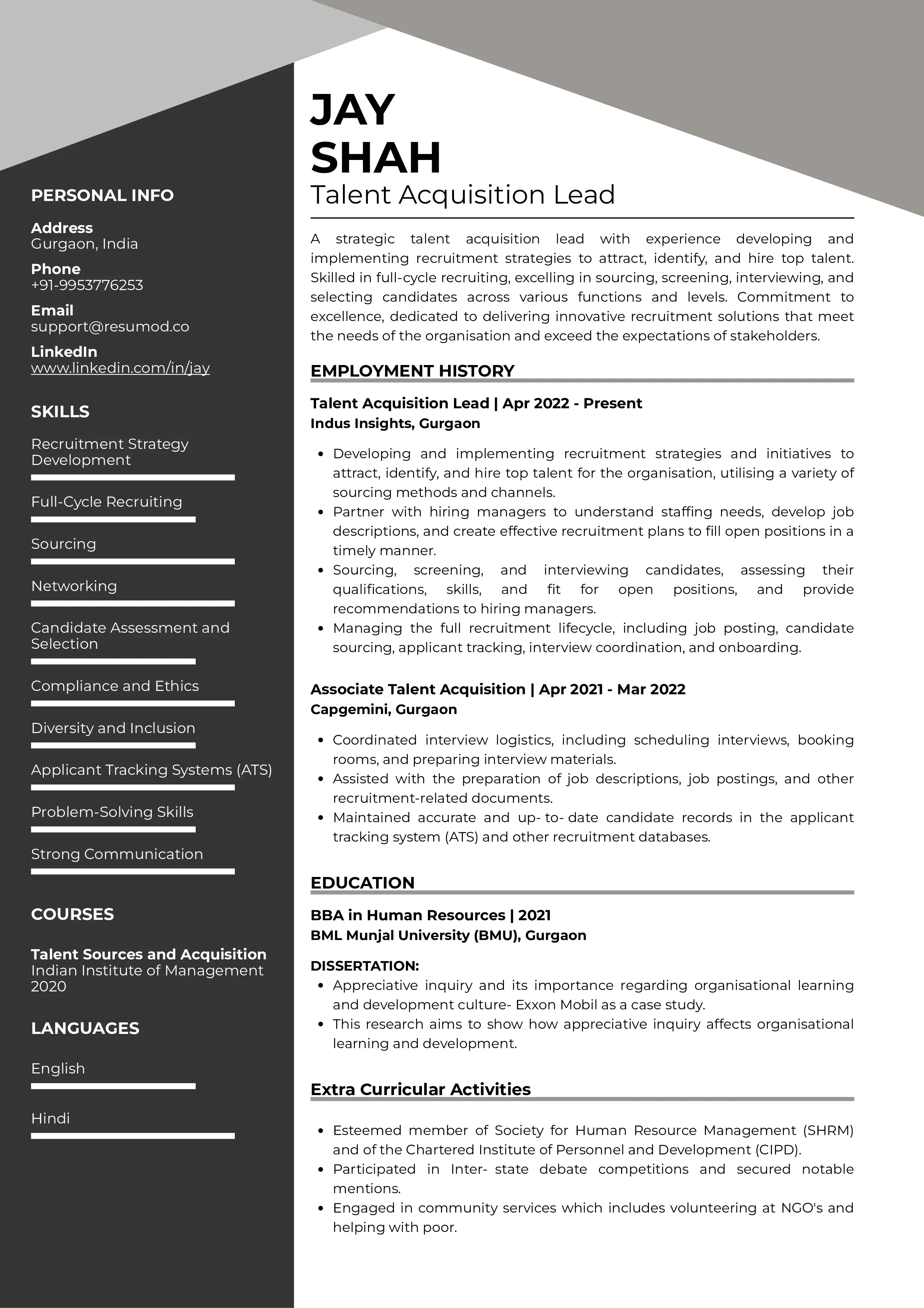 Sample Resume of Talent Acquisition Lead | Free Resume Templates & Samples on Resumod.co